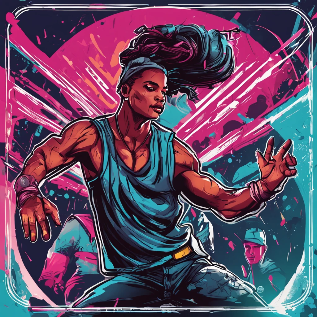 design circular, t-shirt design, street dancer 2D illustration, epic lighting, Realistic, cinematographic, dark background, colors, --v 5.1 --stylize 500 --ar 3:4