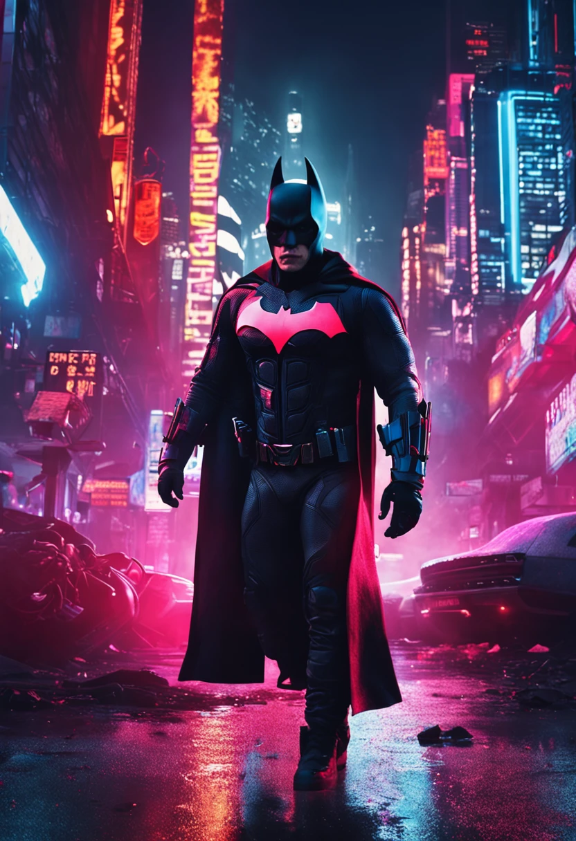 Bill Skarsgård dressed as Batman in a slightly cyberpunk costume, in a dark, cyberpunk-style city with red and blue lighting