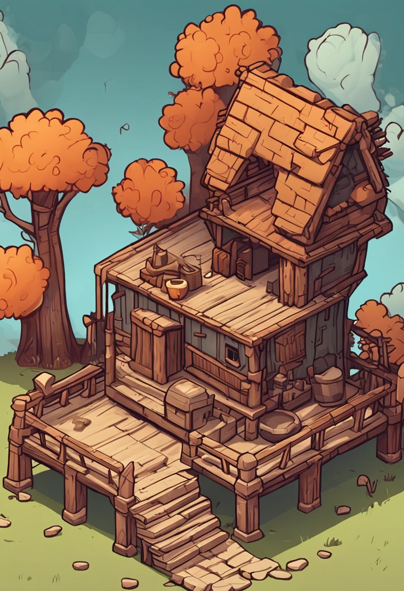 isometric house, RPG style, cartoony, DnD, fantasy, mobile game，primitive man，animal bone，stone，wood, suspended in the air