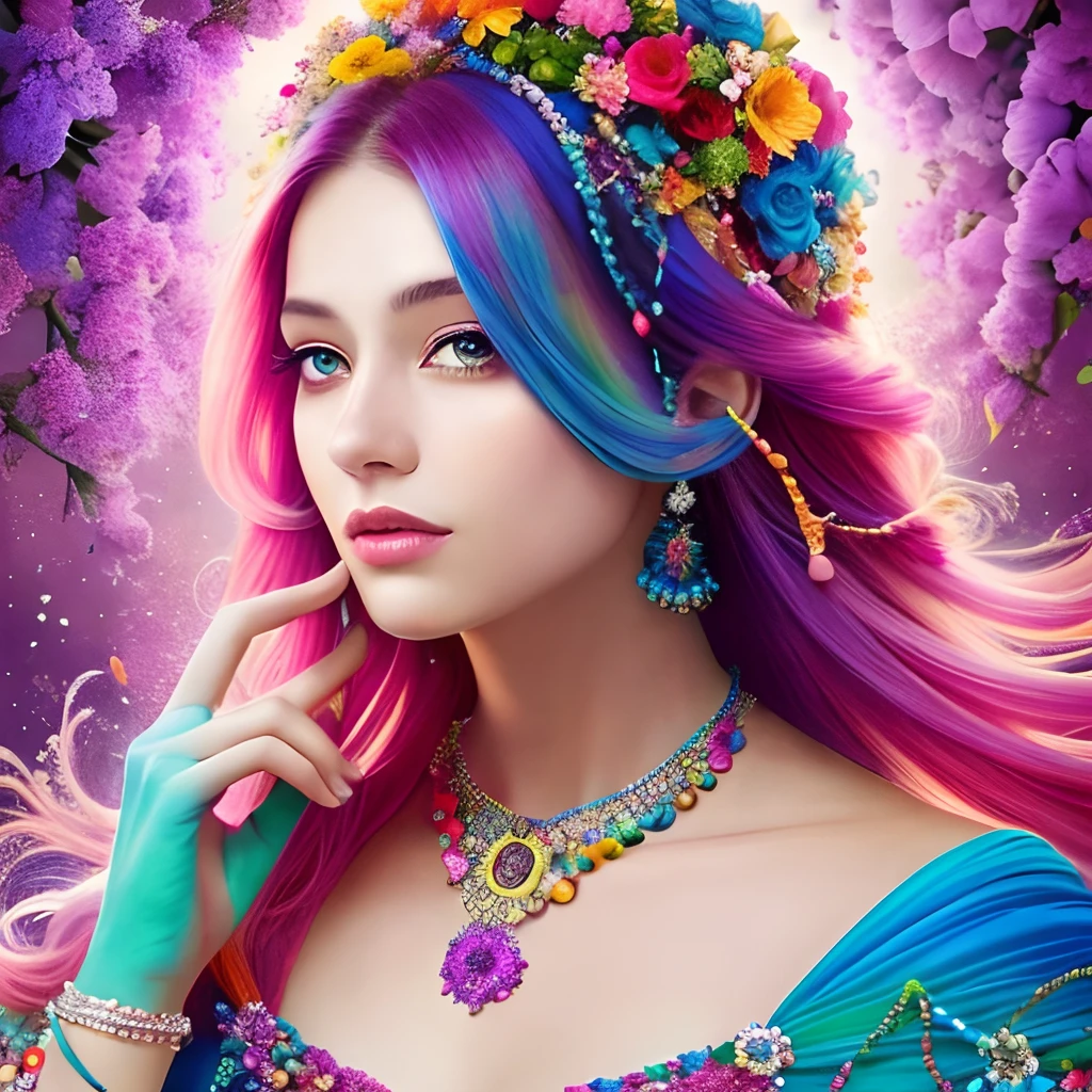 brightly colored hair with flowers and beads,,, colorfull digital fantasy art, beautiful art uhd 4 k, gorgeous digital art, beautiful digital works of art, 4K highly detailed digital art, Beautiful digital art, stunning digital art, realistic digital art 4 k, realistic digital art 4k, beautiful gorgeous digital art, art of alessandro pautasso, Colorful Digital Painting