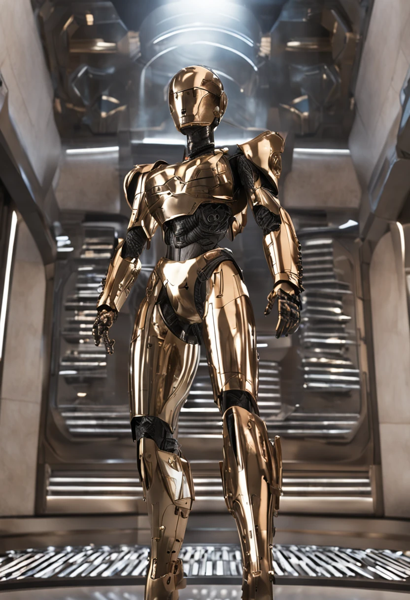 Lighting can be used to highlight the robot woman's metallic or digital details, criando contrastes entre partes iluminadas e sombreadas. Metallic tones, como prata e bronze, podem ser explorados na maquiagem, Clothing & Accessories, reinforcing the futuristic aesthetic.