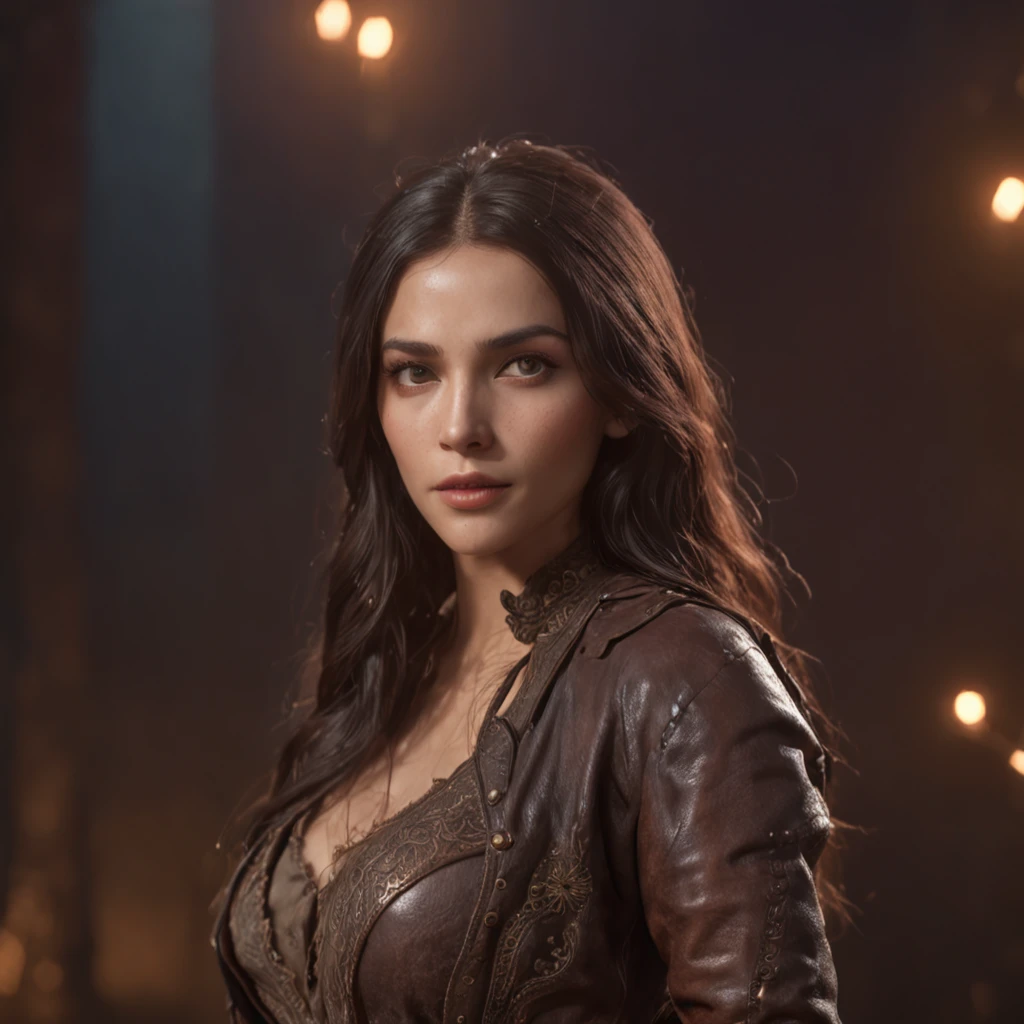 (professional 3d render:1.3) af (Realistic:1.3) most beautiful photo in the world, Features soft and shiny, ((Epic fantasy woman wet look long hair and sexy expression in dynamic pose, Fantastic location, Majestic Moroccan environment)), bright eyes, full body 8k unity render, action shot, skin pore, very dark lighting, heavyshading, Detailed, Detailed face, (vibrant, photograph realistic, Realistic, Dramatic, Dark, Sharp focus, 8K), (Old leather garments damaged by weathering:1.4), ((((Wear fur)))), (Intricate:1.4), decadent, (Highly detailed:1.4), Digital painting, rendering by octane, art stations, concept-art, smooth, Sharp focus, illustration, Art germ, (loish:0.23), (Global illumination, Studio light, volumetric light), fairy lights, particles floating, lotr, full body, ((Dark and Marrakech city background:1.3)),