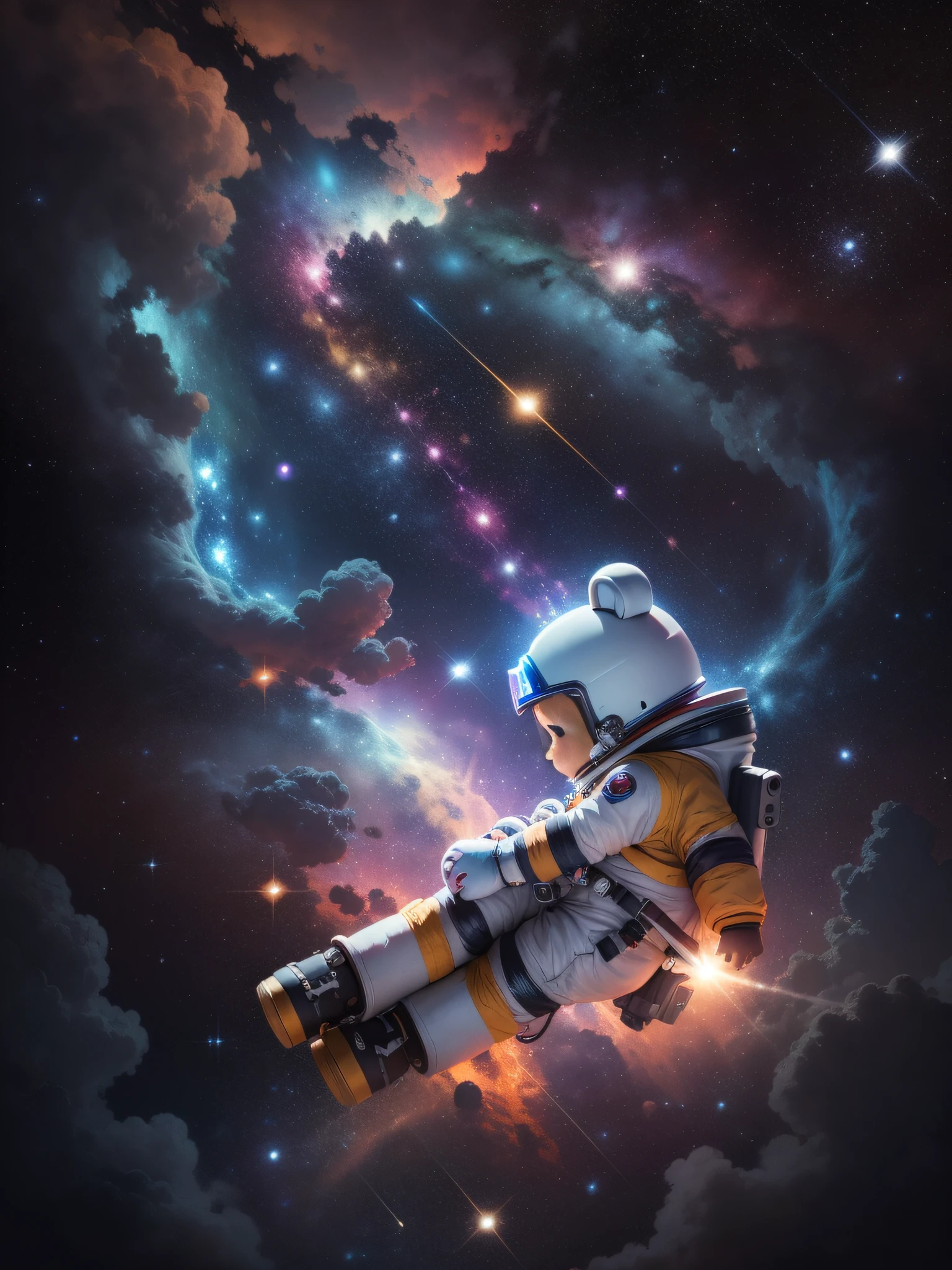 A brave little astronaut teddy bear soaring through outer space in a shiny silver rocket. The teddy bear wears a colorful space suit with a helmet that has a smiley face on it. The rocket has blinking lights and a trail of stardust behind it.
The environment is the vast and twinkling expanse of outer space, with stars, planets, and colorful nebulas in the background.
The mood is adventurous and exciting, with the teddy bear's determination to explore the cosmos.
A style: Digital painting.
Execution: Using a tablet and digital painting software to create vibrant cosmic colors and the details of the teddy bear's expression. --ar 9:16 --v 5.