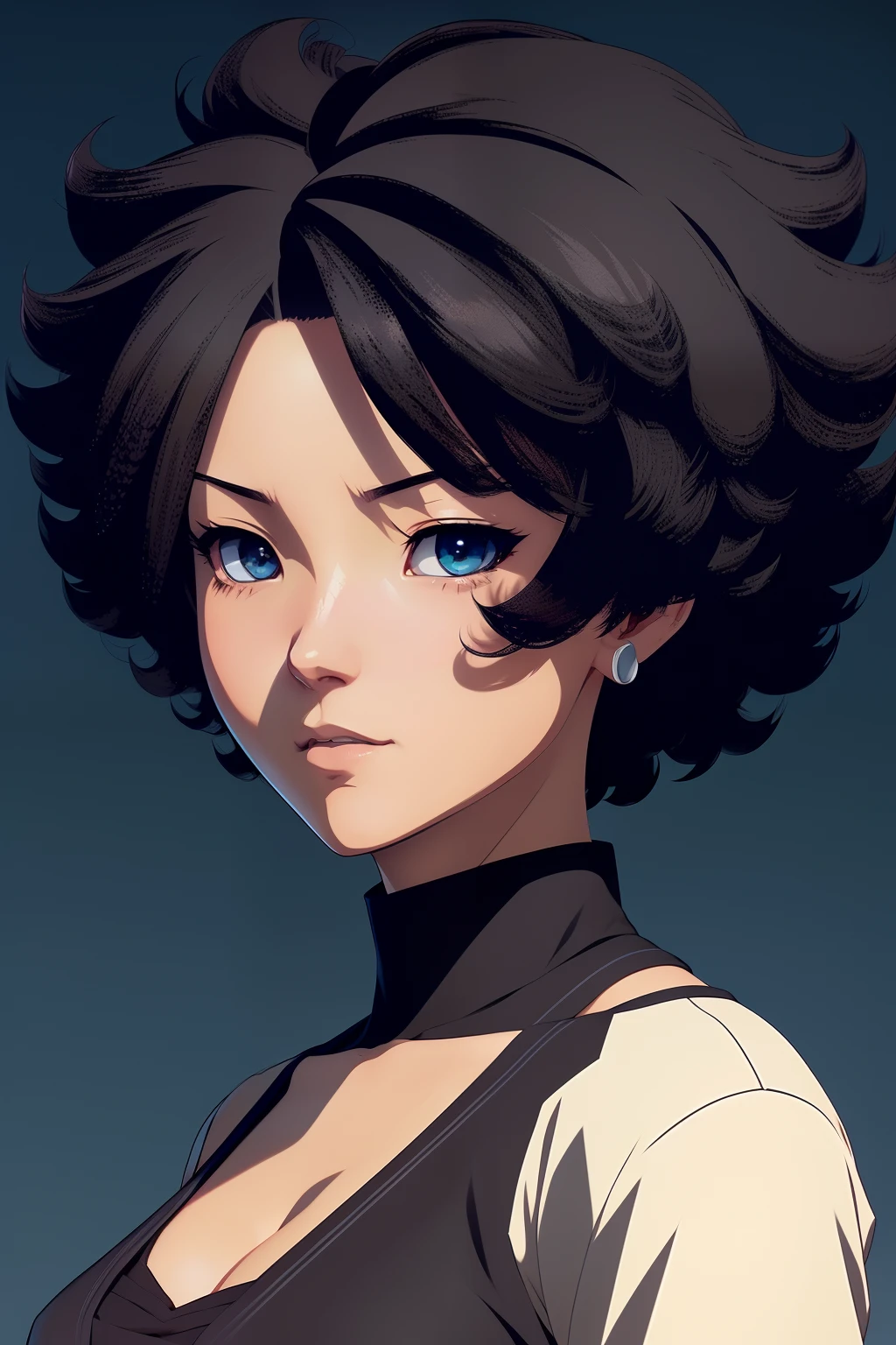 Game character concept art, very anime lady, short black blonde Afro, drawn by Masafumi Harada, high quality, fine lines, realistic shaded lighting poster ilya kuvshinov, katsuhiro, jeremy lipkin and michael germash, makoto shinkai and lois van baarle, ily --auto
