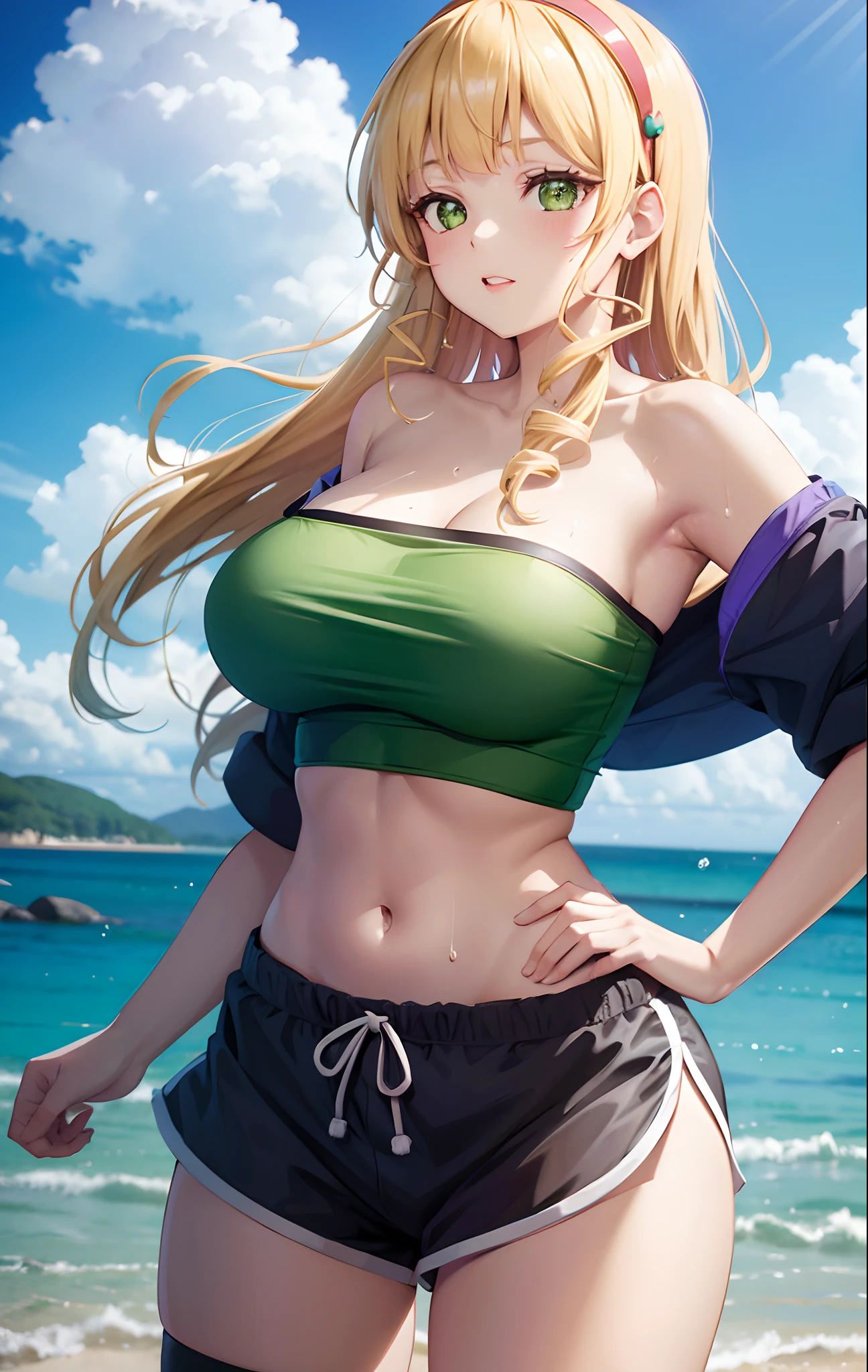 (masterpiece:1.5), (bestquality), highlydetailed, mature, milf, blonde hair, wavy hair with big curls, long hair, ample bosom, blindfolded, alluring, French woman,anime girl in bikini with flower in hair and bracelet, oppai, realistic bikini, swimsuit, seductive anime girl, pixiv 3dcg, ecchi, bathing suit, at pixiv, attire: bikini, ahegao, anime goddess, [ 4 k digital art ]!!, top rated on pixiv, | fine detail anime, in bikini