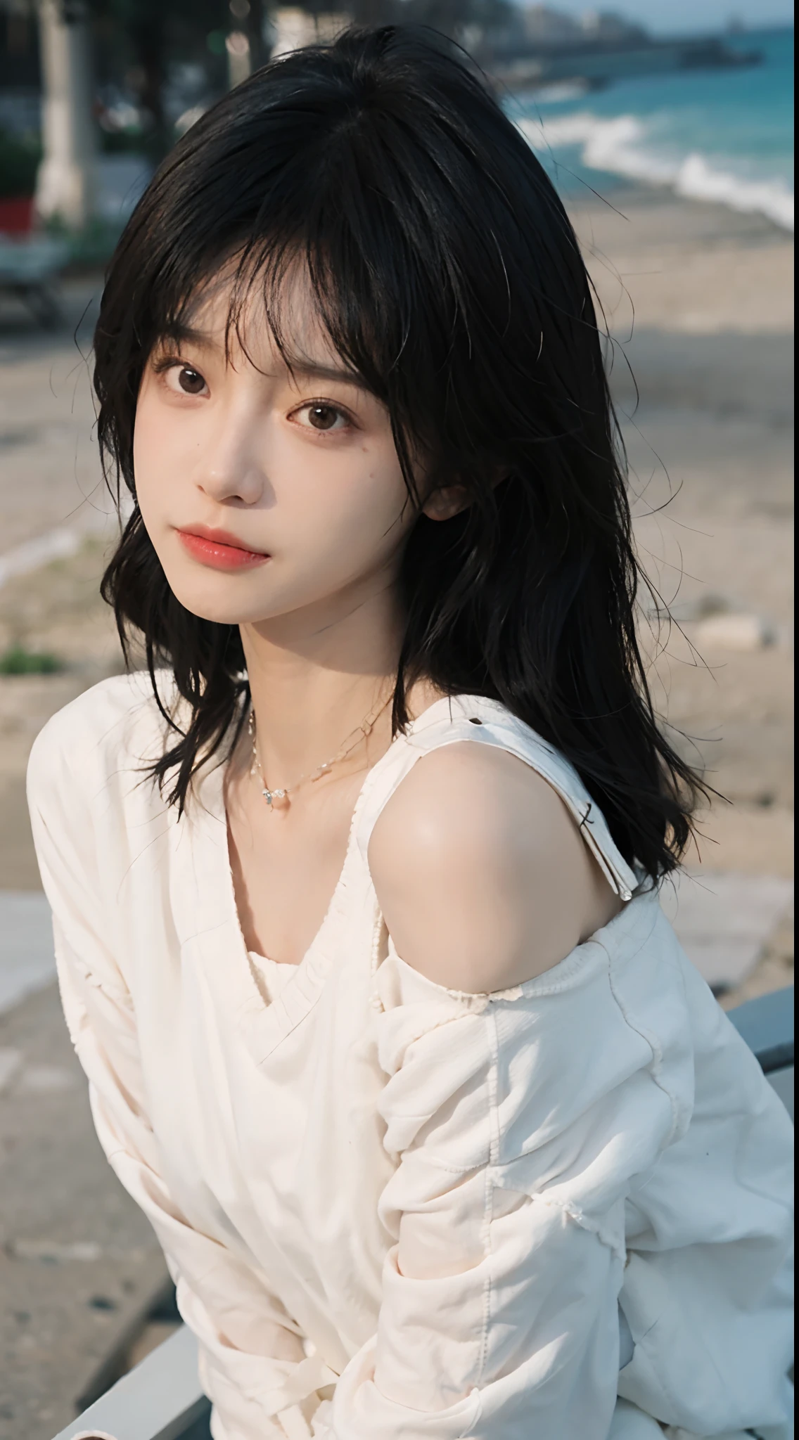best qualtiy, 超高分辨率, (realisticlying:1.4),cute hairpin,1girll,Air bangs,with long coiled hair,Quartered sweater ,Blushlush,Beautiful woman with a slim figure:1.4, Pronounced abs,On the sandy beach,Ultra-fine face,Elaborate Eyes,二重まぶた,choker necklace