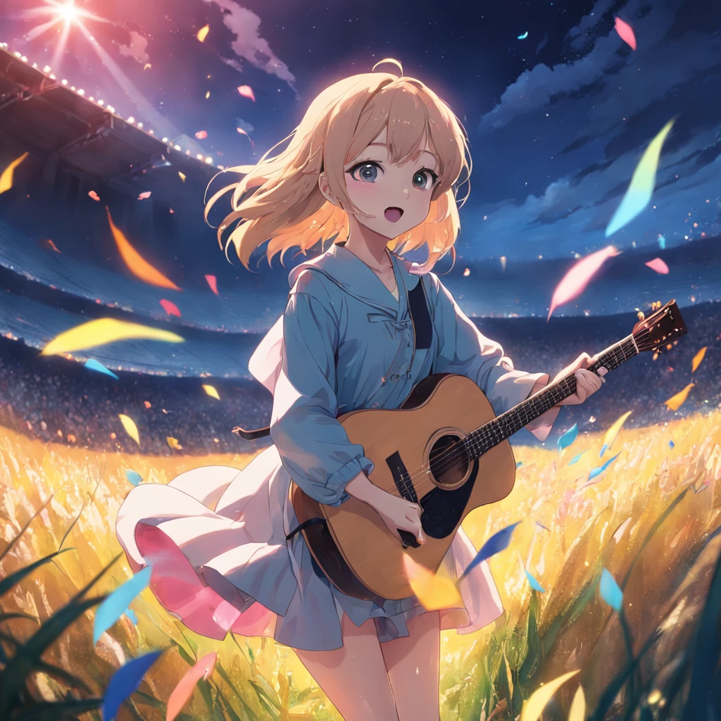 ​masterpiece、top-quality、Movie stills、1girl、发光、happiness、teens girl、huge smile、Play the guitar and sing、Rainbow Fields、Warm soft lighting、(Spark:0.7)