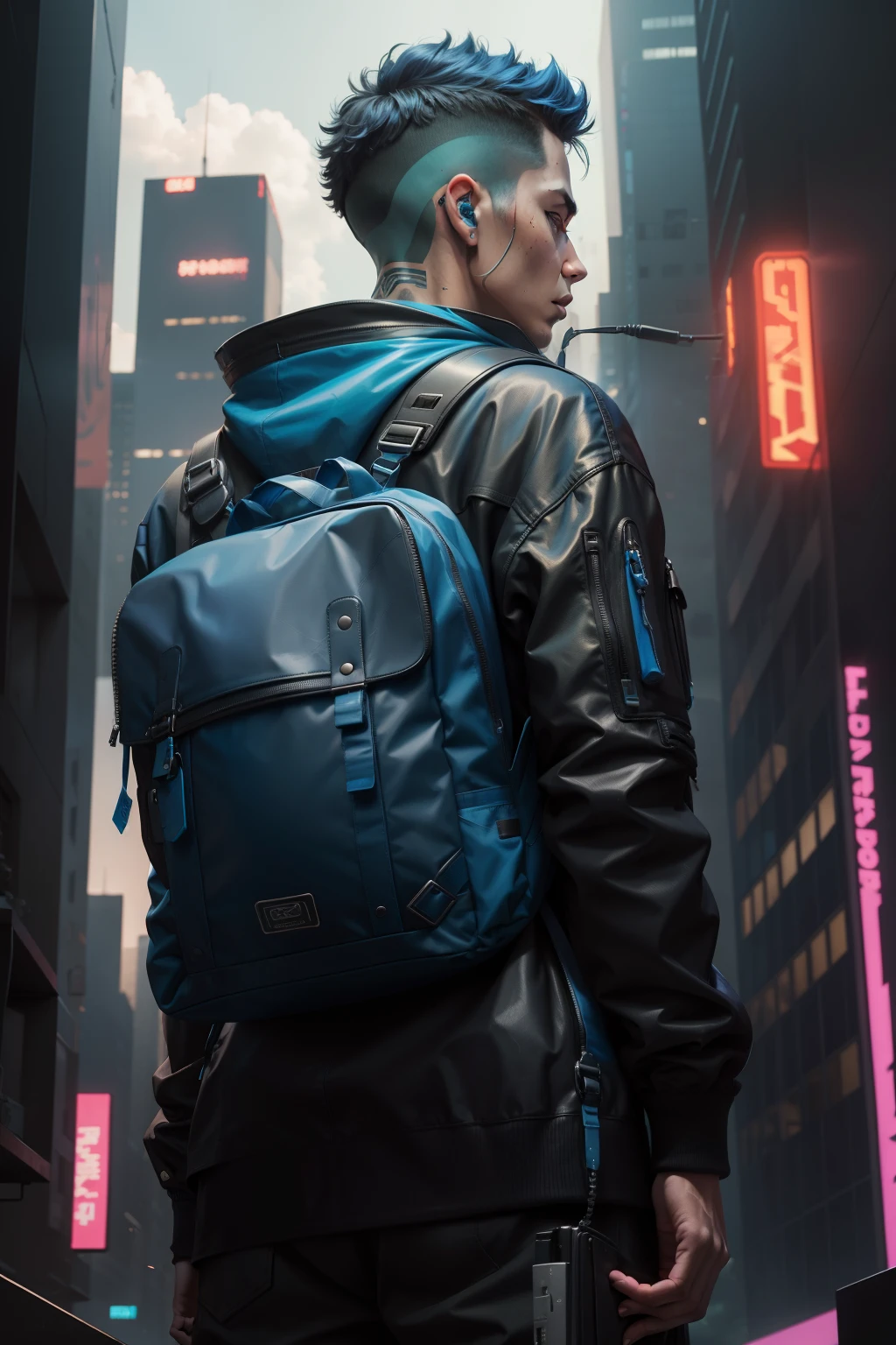 a people, back, backpack, cyberpunk, man, blue color