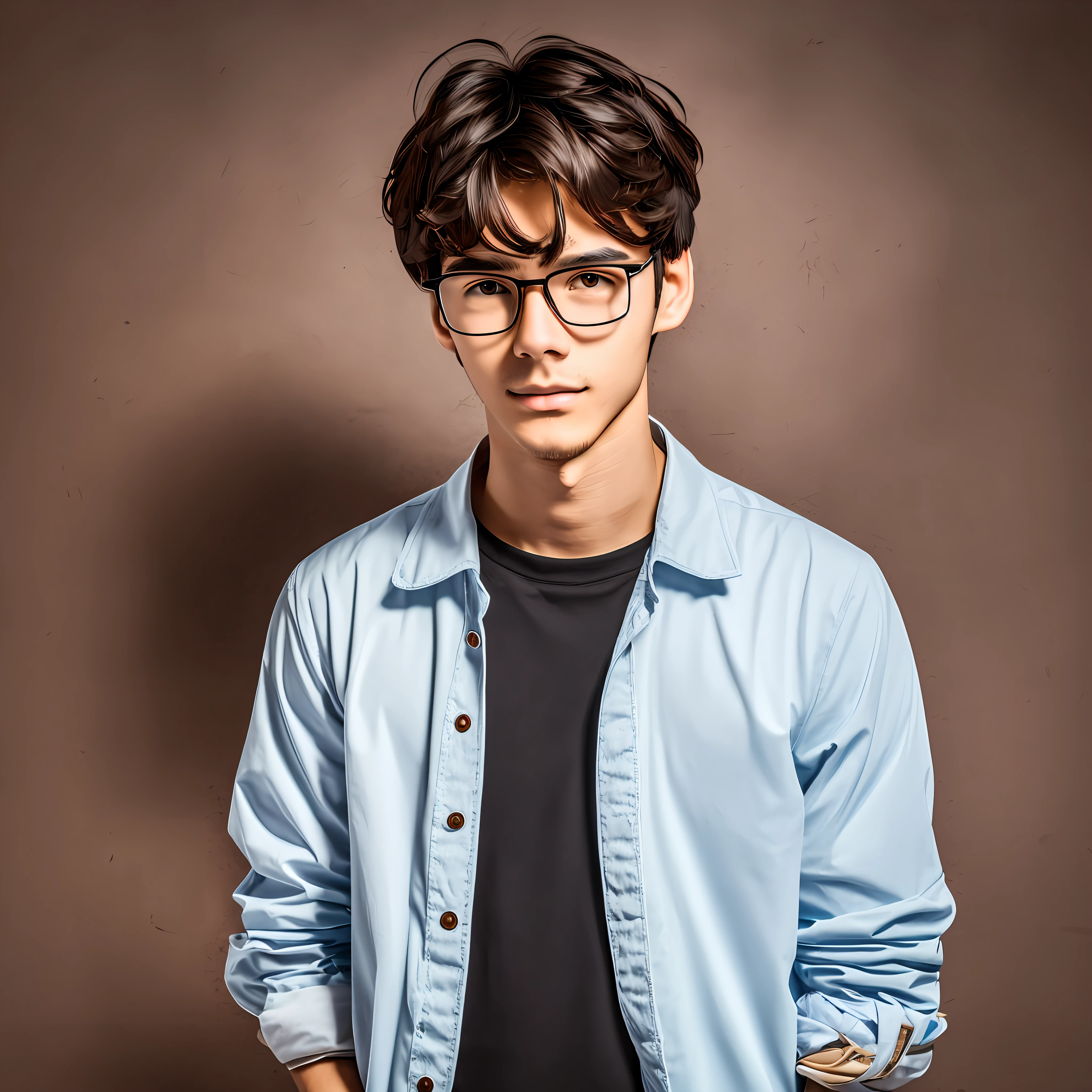 very thin young man, ROUND FACE, big cheeks, with acne and blackheads, dark eyes with prescription glasses, wavy dark brown hair. UGLY