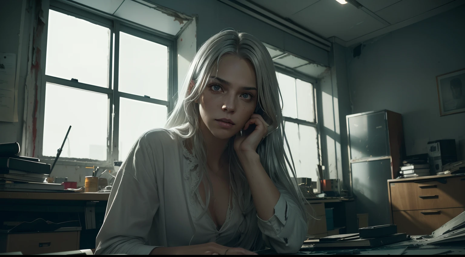 (images of a young man with long silver hair in a crime scene inside a messy office room with broken windows and bloody bodies, full bodydim lighting and flickering lights, wide shot, dynamic angle shot, thriller movie scene shot, photo realism, intricate face detail, intricate hand details, highly detailed, vibrant colors, cinematic, high definition, trending on Artstation--style raw