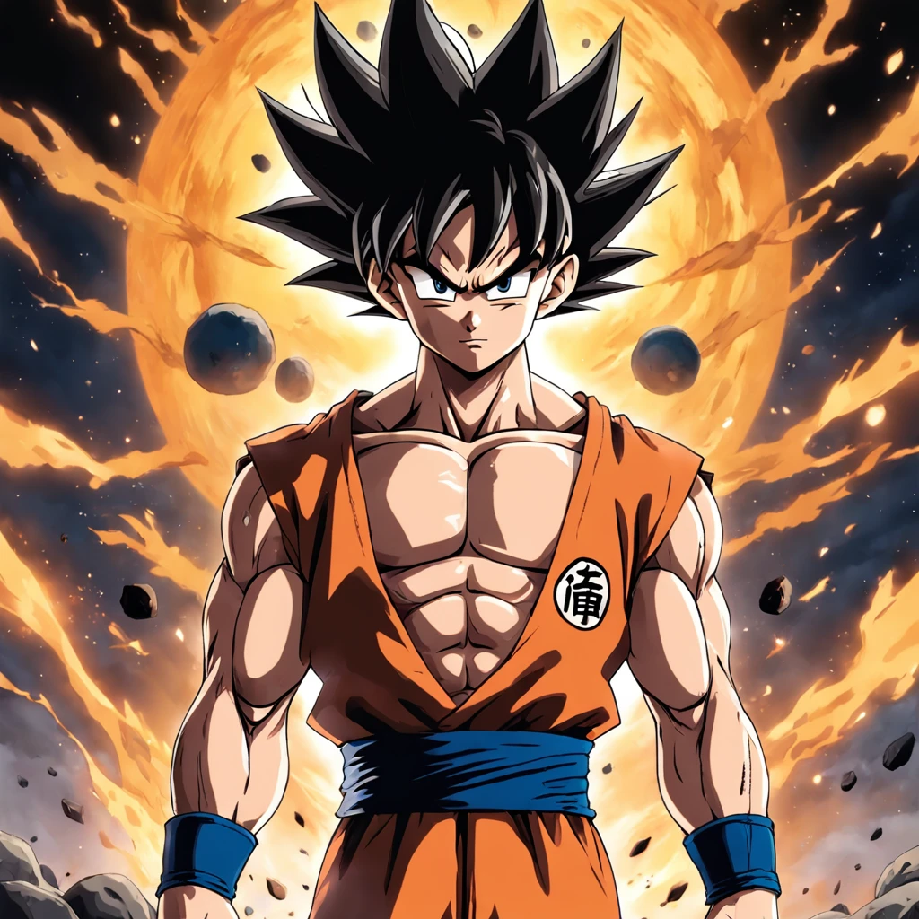 goku do dragon ball, cabelo preto, roupa laranja, olhos bem feitos com um olhar serio e musculado