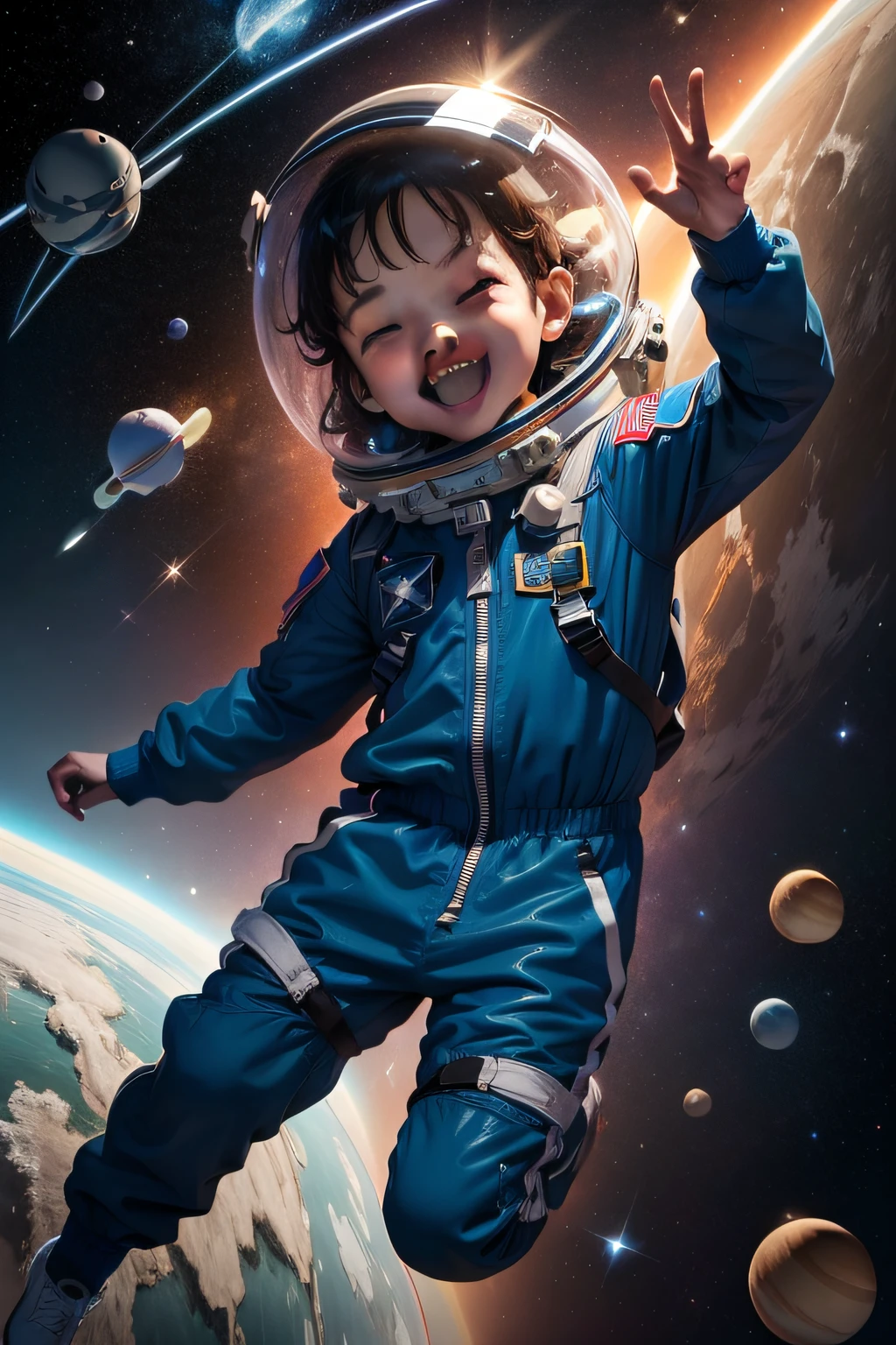 Create A Happy 6-Year-Old Child Boy Floating in Space, cercada por estrelas brilhantes. He is wearing a blue jumpsuit and has an astronaut helmet and wide eyes with admiration. Estrelas brilhantes, Flying through space, Halo de luz, plano geral, (rosto detalhado), (8K illustration), (detalhado), (outer space)