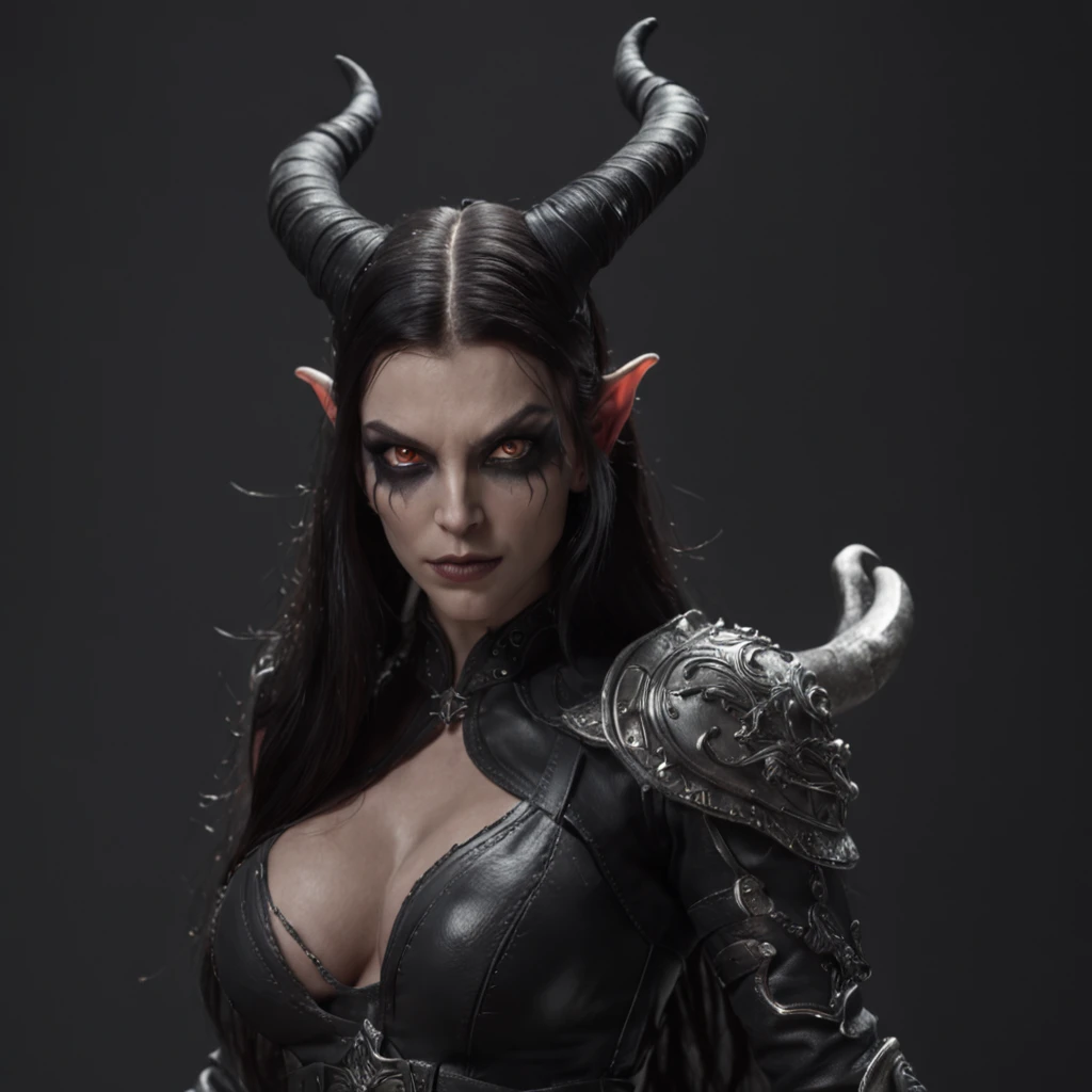 a dark female tiefling, evil eyes, wearing leather black armor, dark silver, pale dark skin, bright eyes, intricate horns, black hair flowing, long hair, athletic, muscular, hot, malicious eyes, epic angle, dark background, medieval fantasy, art by Alan Lee