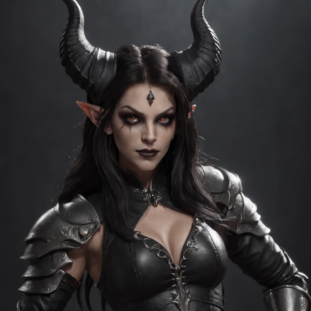 a dark female tiefling, evil eyes, wearing leather black armor, dark silver, pale dark skin, bright eyes, intricate horns, black hair flowing, long hair, athletic, muscular, hot, malicious eyes, epic angle, dark background, medieval fantasy, art by Alan Lee