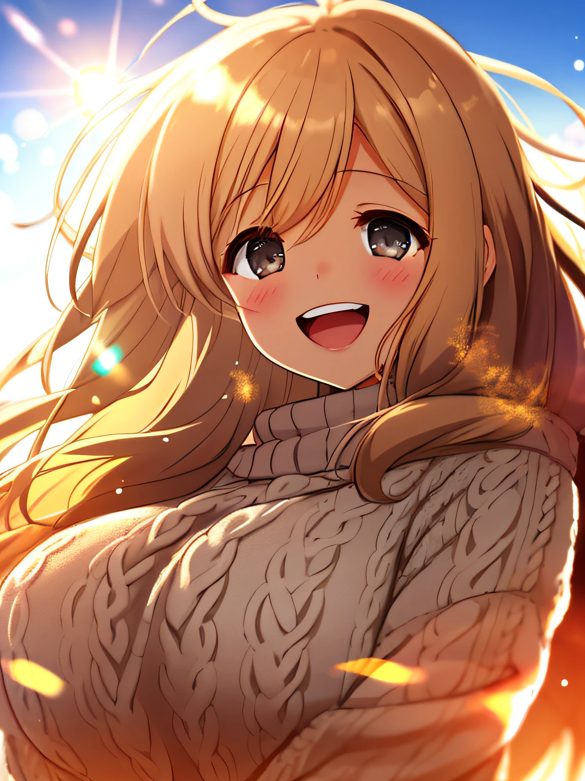 a girl, cosy sweater on, upper body, (huge Laughing:1.1), (open mouth:1.1), (wide open eyes:1.2), sun glare, bokeh, depth of field, blurry background, light particles, strong wind, (heart particles:1.1)