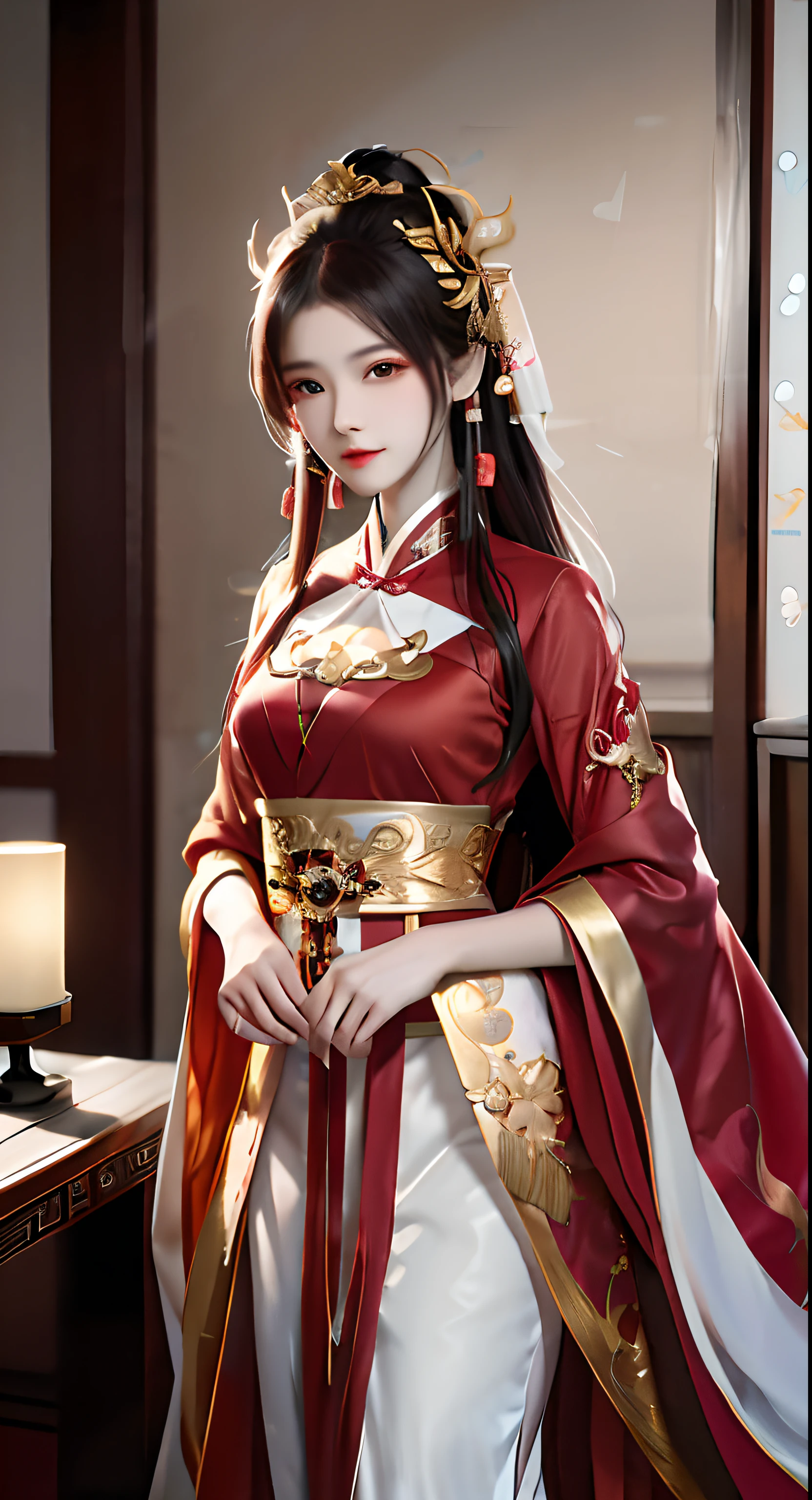 Arakfi woman in a red and white dress and gold trim, Palace , A girl in Hanfu, Wearing ancient Chinese clothes, Hanfu, with acient chinese clothes, wearing gilded red robes, Chinese costume, a beautiful fantasy empress, Traditional beauty, full-body xianxia, White Hanfu, Chinese traditional, Inspired by Lan Ying, Anime girl cosplay
