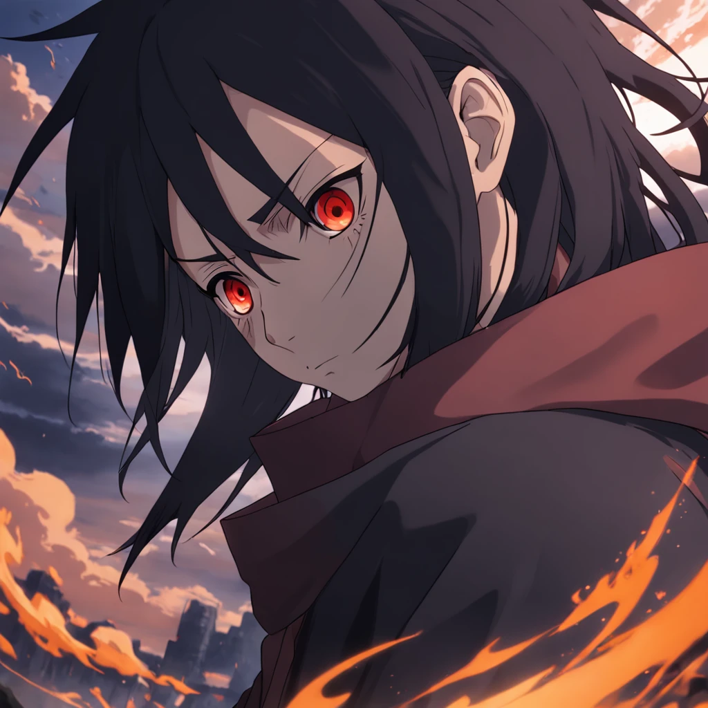 itachi uchiha do anime naruto shippuden, triste com um olhar serio e olhos bonitos