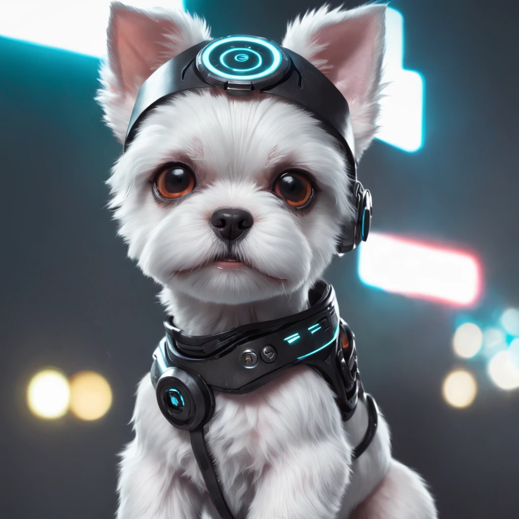 a white Maltese puppy, with robotic part ::style cyber punk, estilo realistico ::n_style pintura digital, deformed parts.
