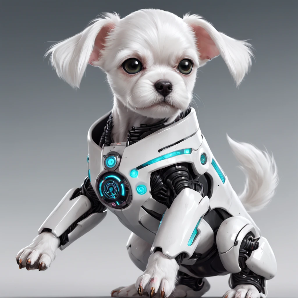 a white Maltese puppy, with robotic part ::style cyber punk, estilo realistico ::n_style pintura digital, deformed parts.