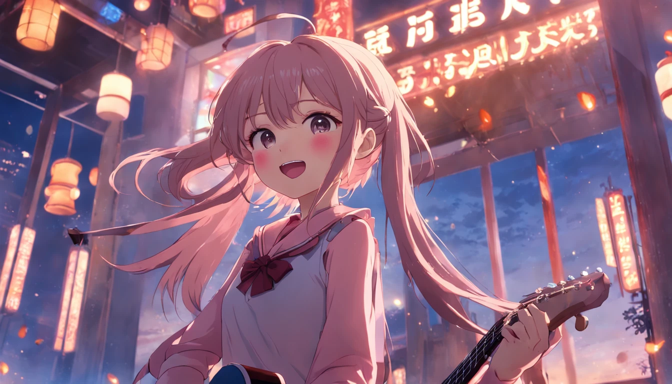 ​masterpiece、top-quality、Movie stills、1girl in、发光、Happiness、teens girl、huge smile、Play the guitar and sing、rainbows、nobara、Warm and soft lighting、(Spark:0.7)