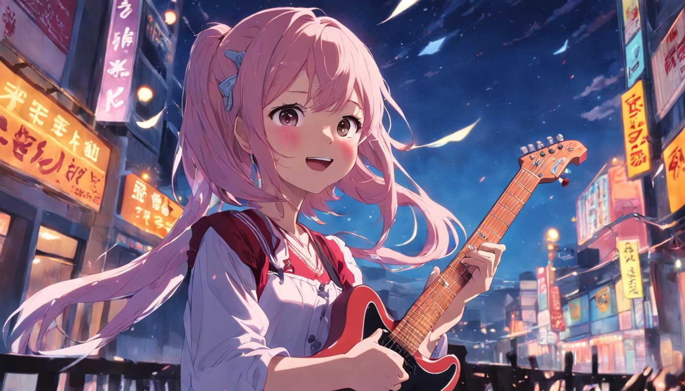 masterpiece、top-quality、Movie stills、1girl in、发光、Happiness、teens girl、huge smile、Play the guitar and sing、rainbows、nobara、Warm and soft lighting、(Spark:0.7)