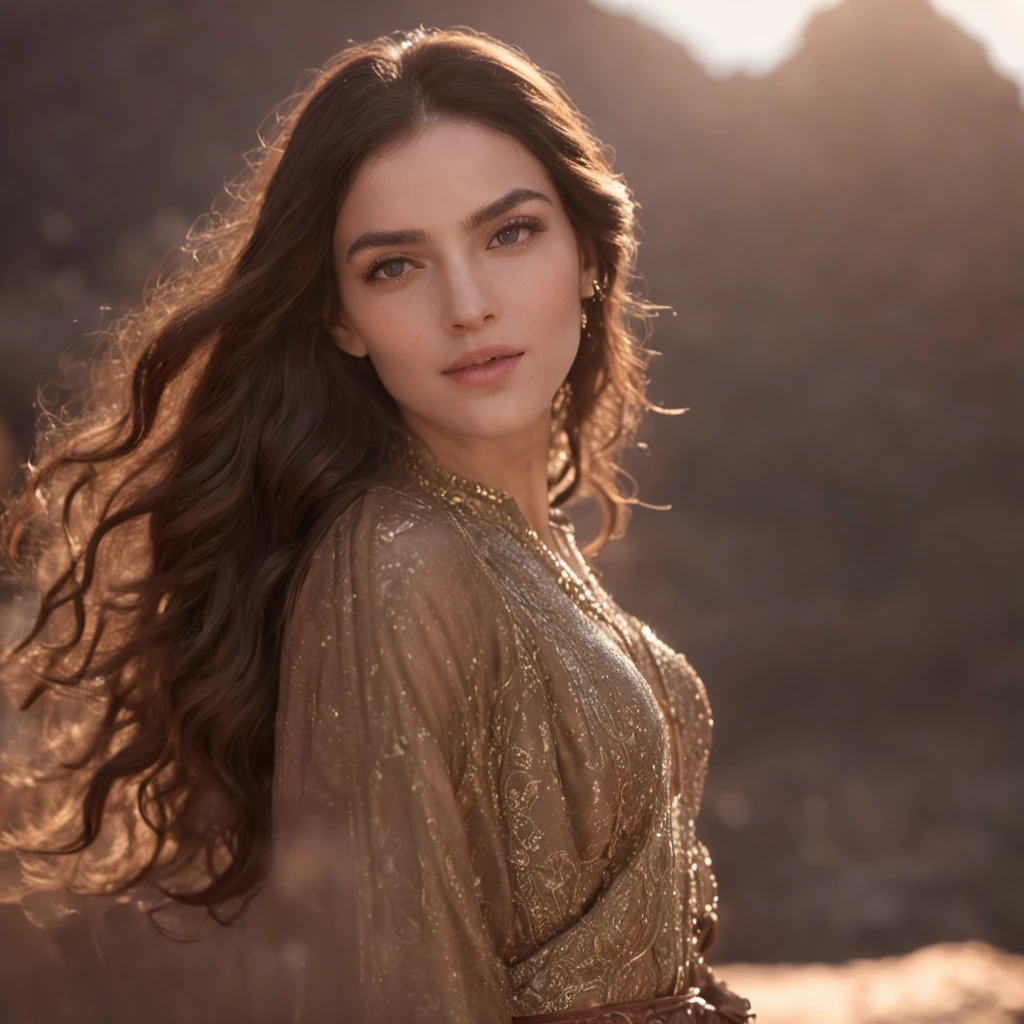 (professional 3d render:1.3) (Realistic:1.3) most beautiful photo in the world, Features soft and shiny, ((Epic fantasy woman wet look, super long hair, cute expression in dynamic pose, Fantastic location, Majestic Moroccan environment)), bright eyes, full body 8k unity render, action shot, sunset lighting, heavyshading, Detailed, Detailed face, (vibrant, photograph realistic, Realistic, Dramatic, Dark, Sharp focus, 8K), (Abaya Jellaba Kaftan:1.4), (Intricate:1.4), decadent, (Highly detailed:1.4), rendering by octane, art stations, concept-art, smooth, Sharp focus, realistic, (loish:0.23), (Global illumination, Studio light, volumetric light), fairy lights, particles floating, full body, ((Marrakech city background:1.3)),