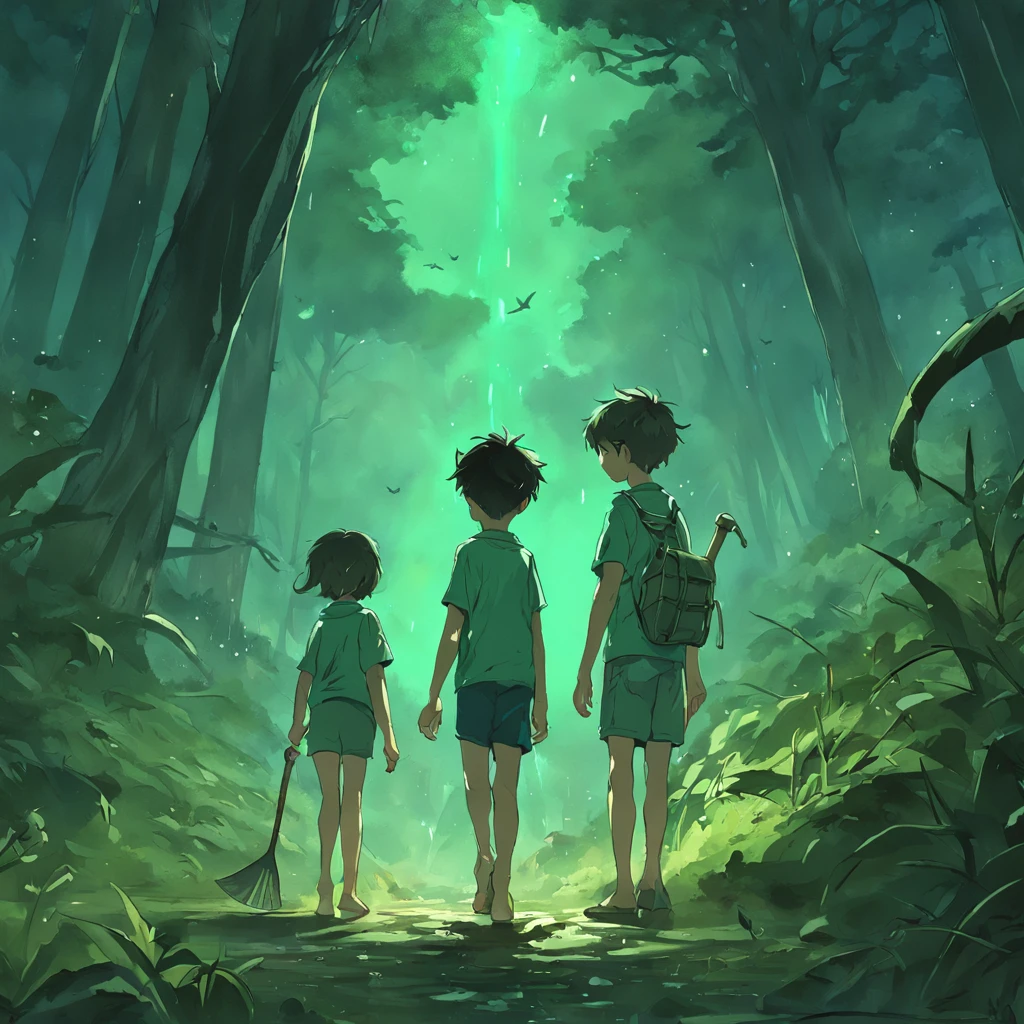 Somente dois meninos passando em uma floresta em  noite de lua, can only have one moon, A boy is wearing a T-shirt and green shorts, The other boy is in a blue T-shirt and shorts, A boy carries a lamp, and another boy carrying a hoe and a shovel, The environment is very scary