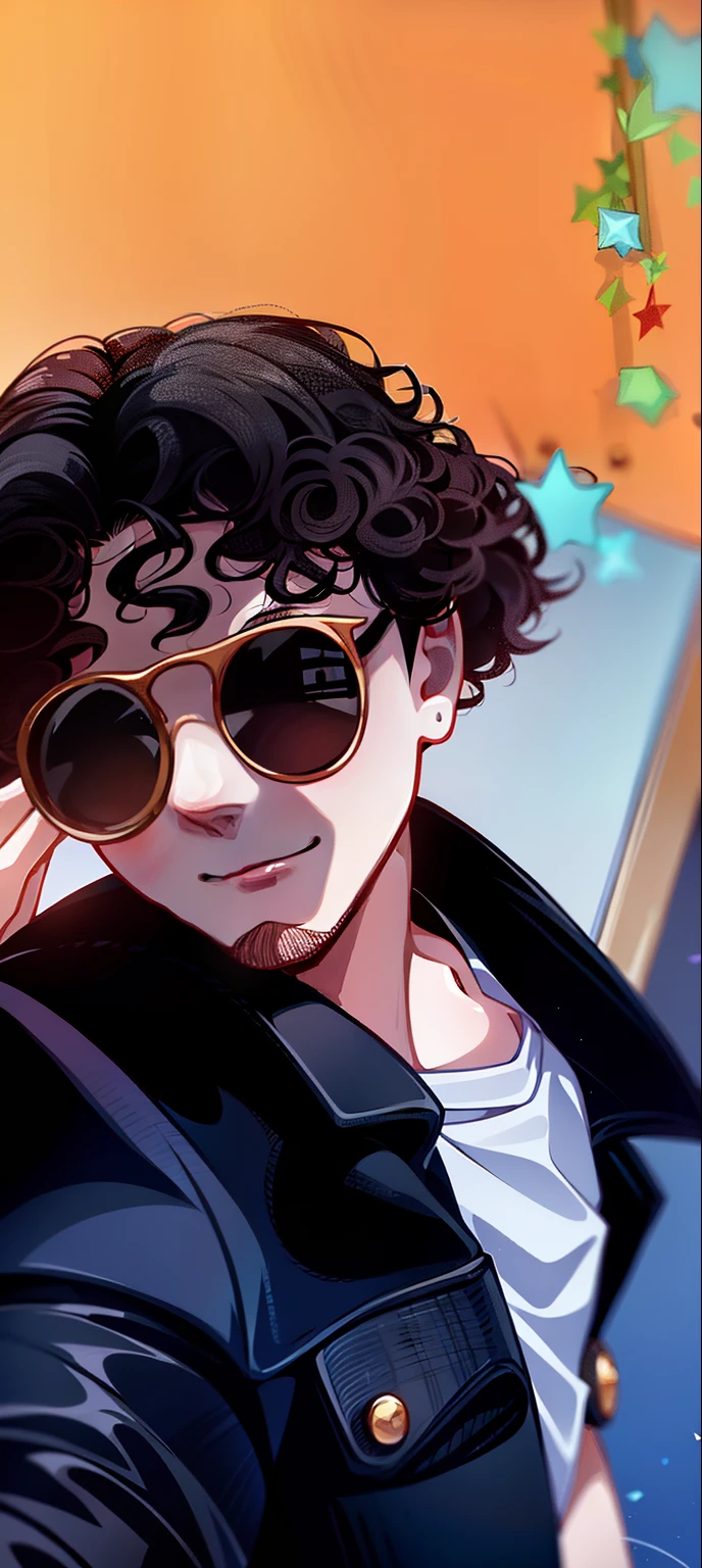 There's a young man with curly hair in a cartoon setting, cabelo cacheado curto escuro sorrindo, cabelo cacheado, messy curly hair, cacheado, muito bobo olhando, foto de perfil headshot, cabelo cacheado.