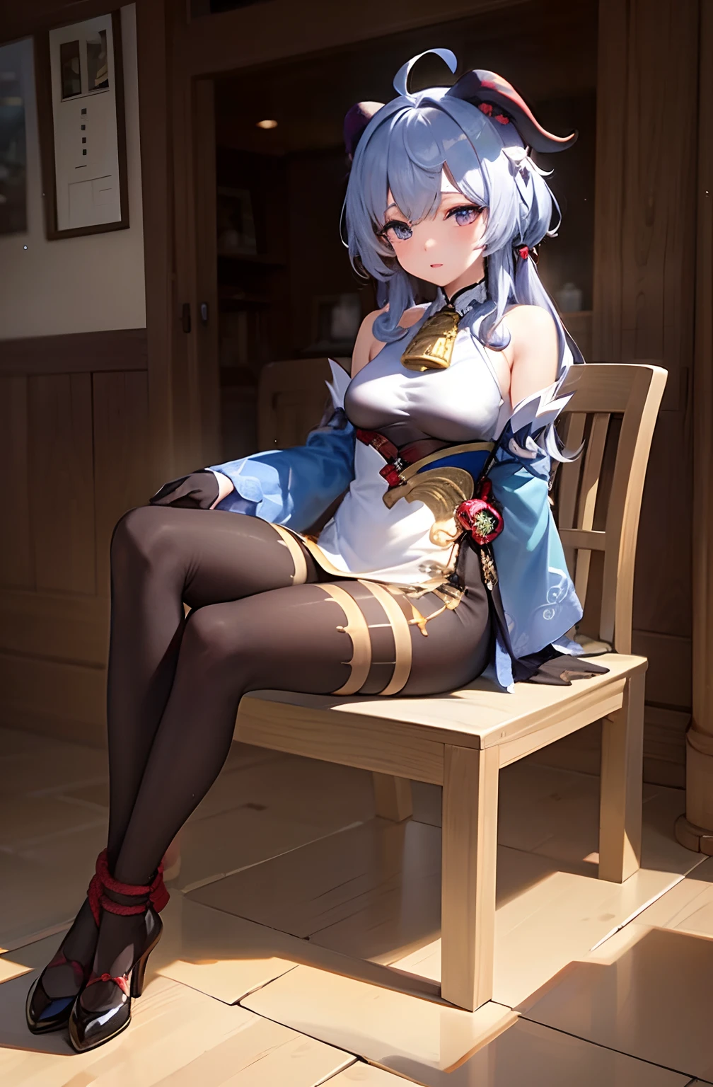 (photorealistic: 1.4), (masterpiece, side lighting, beautiful finely detailed eyes: 1.2), masterpiece*portrait, realistic, 3d face,
ganyu\(genshin impact\), 1girl, ahoge, architecture, fringe, bare shoulders, bell, black gloves, black pantyhose, (blue hair), blush, breasts, chinese knot, detached sleeves, flower knot, gloves, horns, long hair, looking at the viewer, medium breasts, sexy, seductive body, neck bell