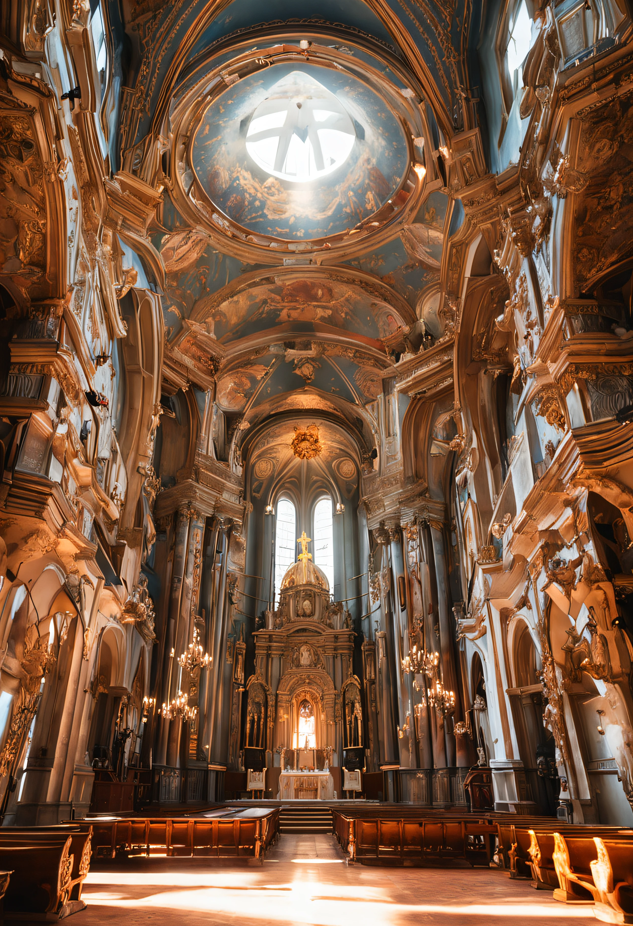 Rococo church，interiors，There is a Christian oil painting on top，Luxury，High- sharpness，and the sun was shining brightly，be full of details