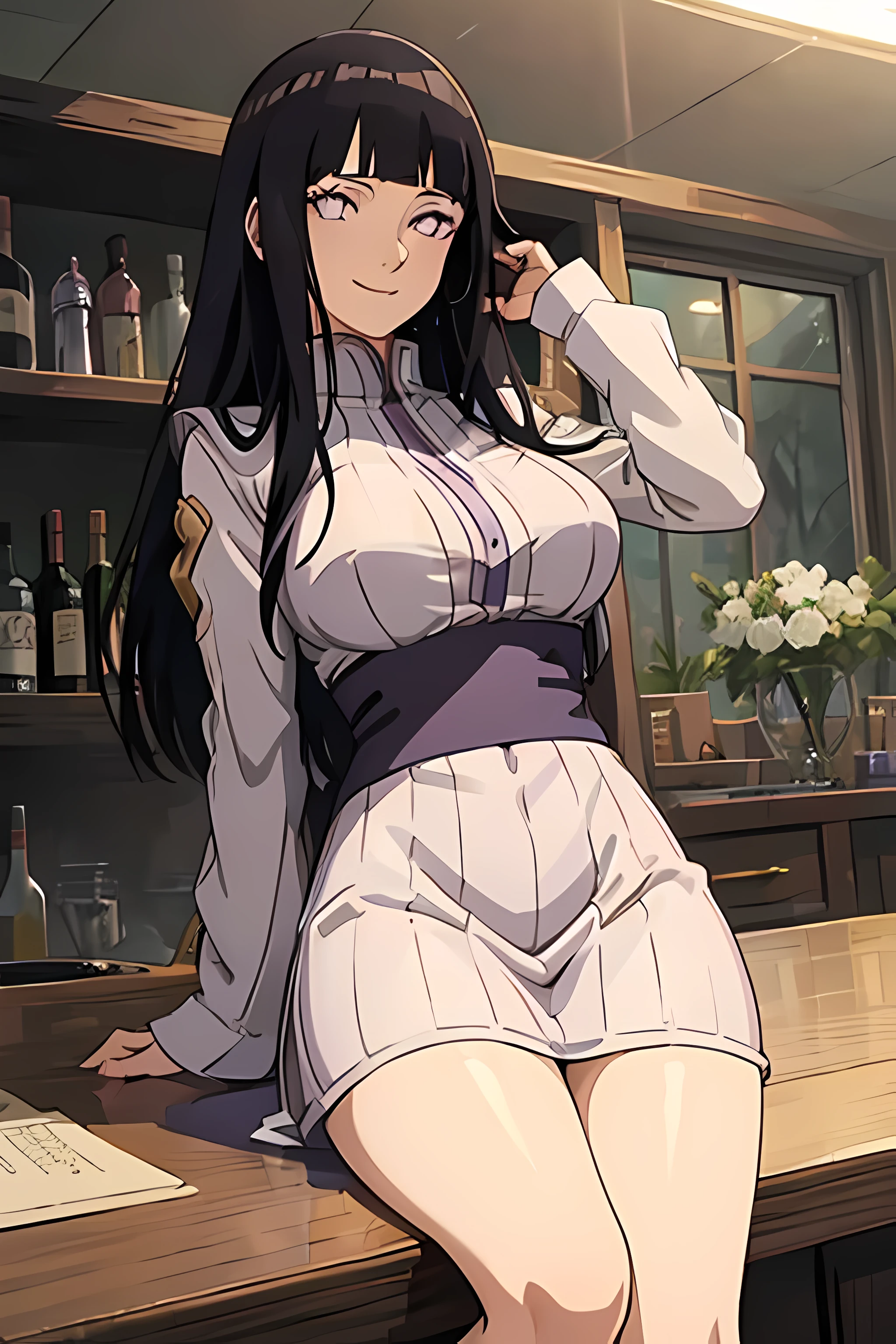 (((masterpiece))), HinataHyuga, 1girl, solo, long hair, looking at viewer, smile, large breasts, black hair, purple eyes, blunt bangs, white eyes, no pupils,clothes tug, cocktail dress, cocktail glass, wind,, masterpiece, best quality, highly detailed, ((skimpy)),