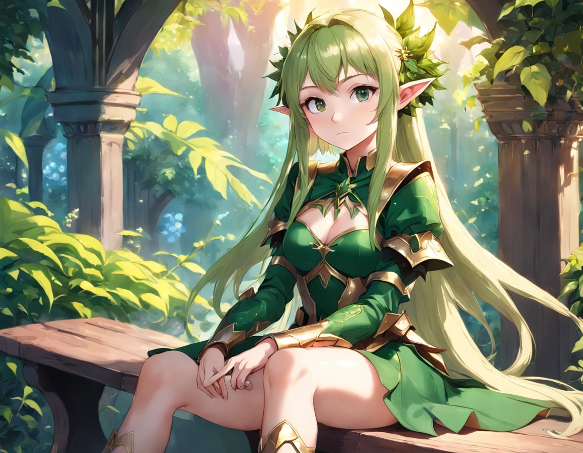 anime girl with green eyes sitting on a bench with a green plant, elf girl, alluring elf princess knight, elf princess, she has elf ears and gold eyes, 8k high quality detailed art, elf girl wearing an flower suit, portrait of an elf, a portrait of an elf, shadowverse style, detailed digital anime art
