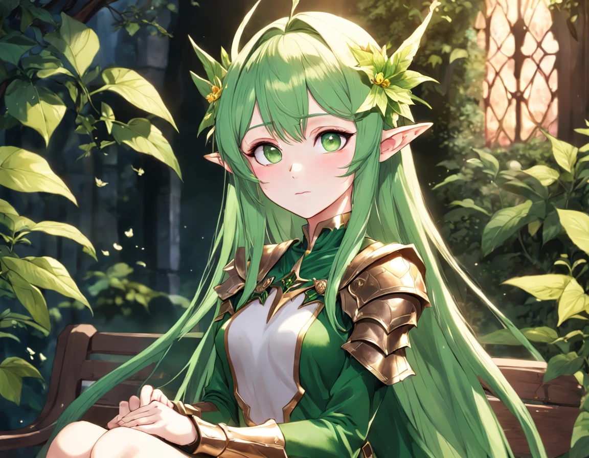anime girl with green eyes sitting on a bench with a green plant, elf girl, alluring elf princess knight, elf princess, she has elf ears and gold eyes, 8k high quality detailed art, elf girl wearing an flower suit, portrait of an elf, a portrait of an elf, shadowverse style, detailed digital anime art