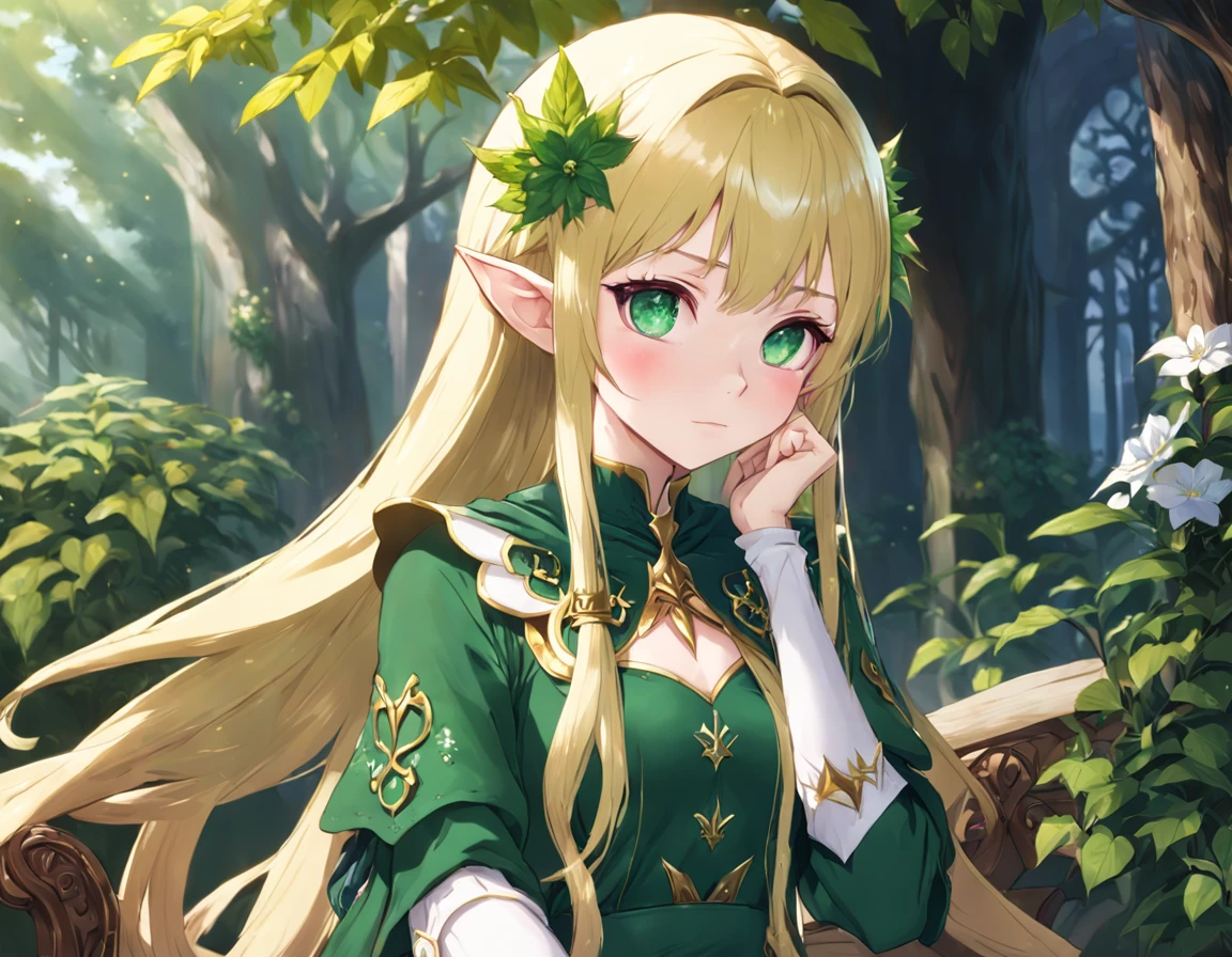 anime girl with green eyes sitting on a bench with a green plant, elf girl, alluring elf princess knight, elf princess, she has elf ears and gold eyes, 8k high quality detailed art, elf girl wearing an flower suit, portrait of an elf, a portrait of an elf, shadowverse style, detailed digital anime art