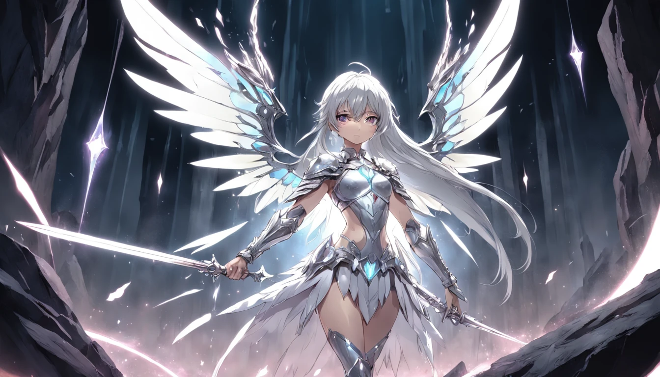 A blindfolded female fairy with silver crystal wings wearing gleaming white armor wielded a luminous spear that emanates a lot of darkness and a strong shield that the harder rock poses while radiating an aura of negative horror around it, ((roupas apertadas, see through, camelo, Bodysuit, topless))