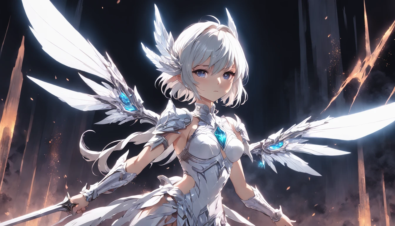 One wears an eye patch,Silver crystal wings,Dressed in gleaming white armor, the nymph wields a sturdy shield made of a luminous spear that exudes a great deal of darkness and the hardest rock,At the same time, a negative aura of terror emanated around her