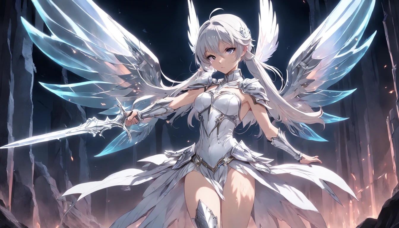 A blindfolded female fairy with silver crystal wings wearing gleaming white armor wielded a luminous spear that emanates a lot of darkness and a strong shield that the harder rock poses while radiating an aura of negative horror around it, ((roupas apertadas, see through, camelo, Bodysuit, topless))