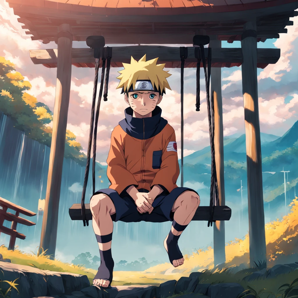 Naruto with 10 years sad on the swing