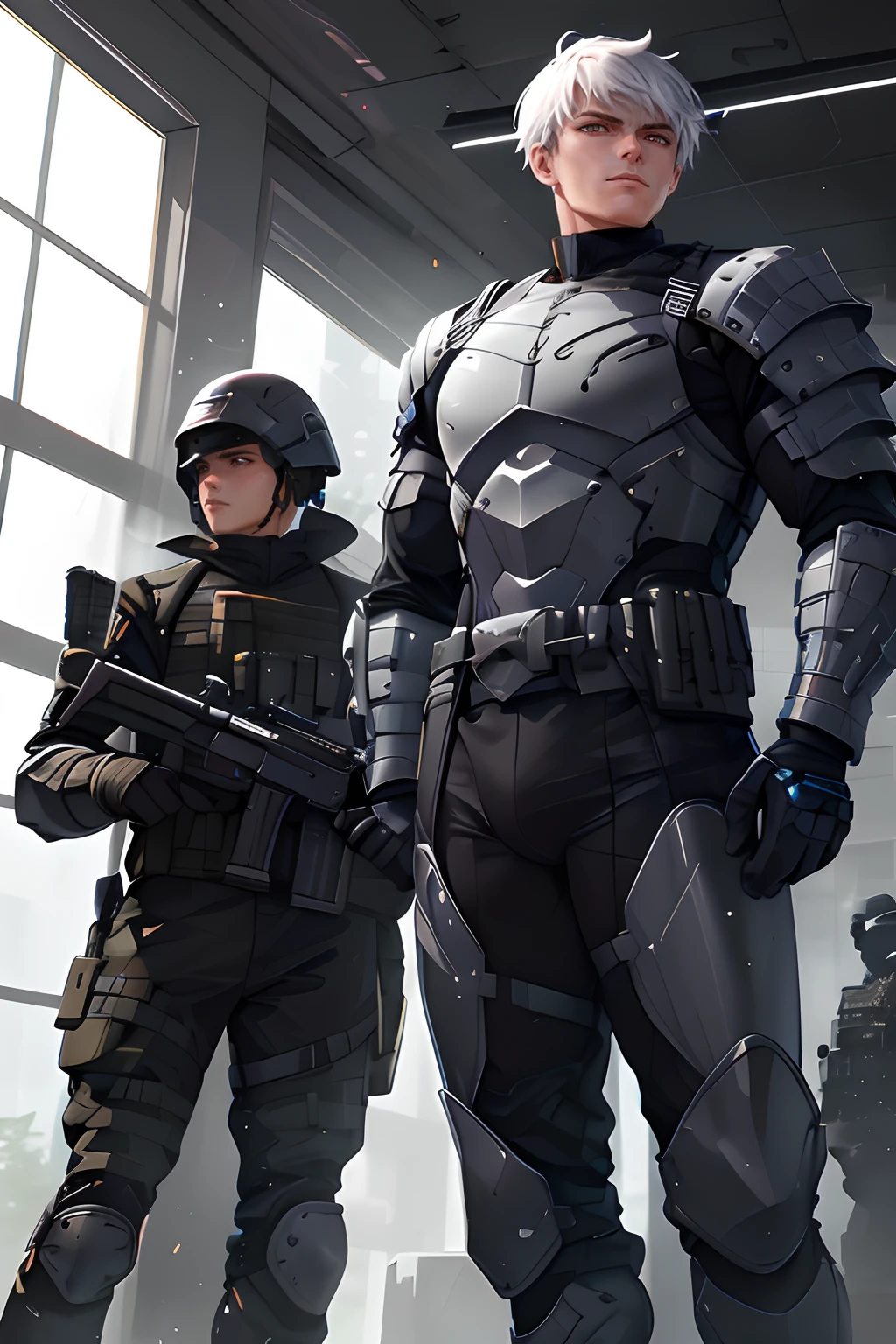 There are two men in futuristic armor standing in a room, ojos rojos, inexpresivo, rostro varonil, Traje sigiloso, traje de combate, Arte conceptual como Ernest Khalimov, dressed in tactical armor, wearing techwear and armor, Experto en arte conceptual de alto detalle, detailed game art illustration, Arte oficial de alto detalle, Vestido con una armadura furtiva, Arte conceptual digital detallado, soldados realistas, Mechanized police infantry
