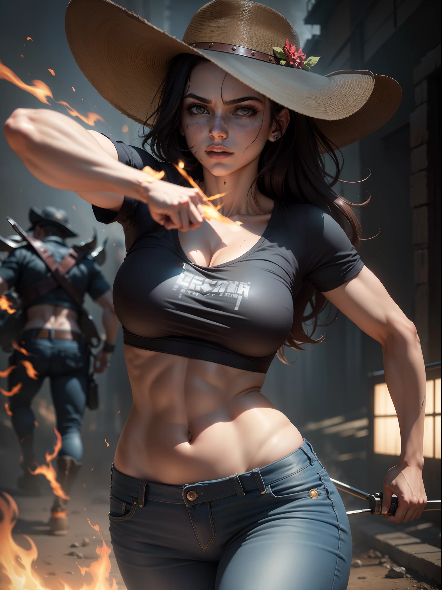 (melhor qualidade), (master part), mulher lutadora de rua, (Mulher europeia bonita), Furioso, (corpo perfeito), (bruises and injuries to the body, Hemorragia) , (lutador ), T-shirt and jeans, roupas rasgadas,(( dynamic fighting posture)), corpo perfeito, Dark lighting, luz fraca, foggy and smoky, cowboy shot, 8K resolution, high saturation