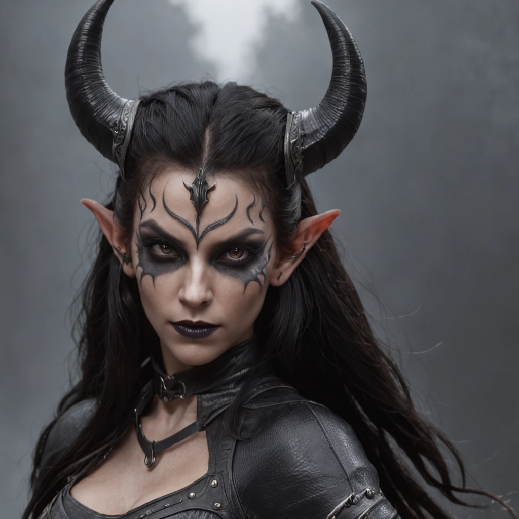 (masterpiece)+, (extremely (realistic)+,a portrait of an beautiful young female tiefling wizard, Long purple hair, horns, yellow snake-like eyes. Smirk, Piercing, Cuts and wounds, Scars, Shrewd stare. Looking in camera. volumetrics dtx, Photorealistic, ultra detailed, Artstation trending, very very detailed, realistic shaded lighting, dynamic shadows, detailed Brick wall background, upper body, professional photograph of a detailed skin, sharp focus, dramatic, award winning, cinematic lighting, octane render, unreal engine, volumetrics dtx, Photorealistic, ultra detailed, Artstation trending, very very detailed, hyperrealistic, fine details, realistic shaded lighting, dynamic shadows, Brick wall background, add_detail:1, skin pores and wrinkles, details.,More Reasonable Details

