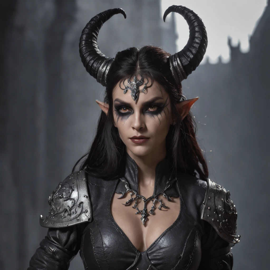 a dark female tiefling, evil eyes, wearing leather black armor, dark silver, pale dark skin, bright eyes, young, pretty, intricate horns, black hair flowing, long hair, athletic, muscular, hot, malicious eyes, epic angle, dark background, misty fog, bard tiefling, medieval fantasy, art by Alan Lee