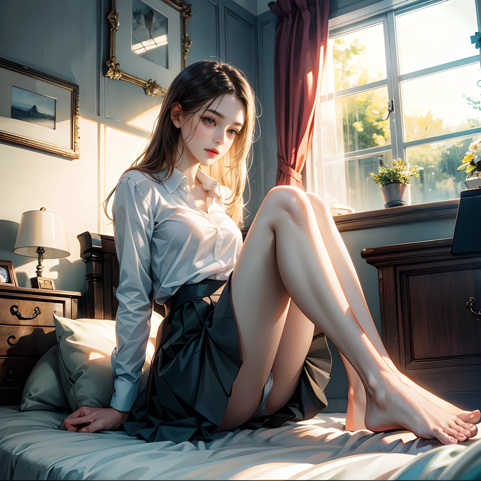 short  skirt，dual horsetail，inside in room，onbed，Open your knees，Panties half exposed，Girl single，Half recumbent --auto