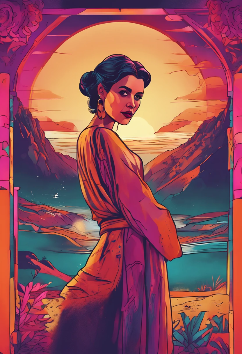 foto realista:: Princess Leia Style of Art Nouveau Sunset on Tatooine in the background surrounded by lightning arms outstretched