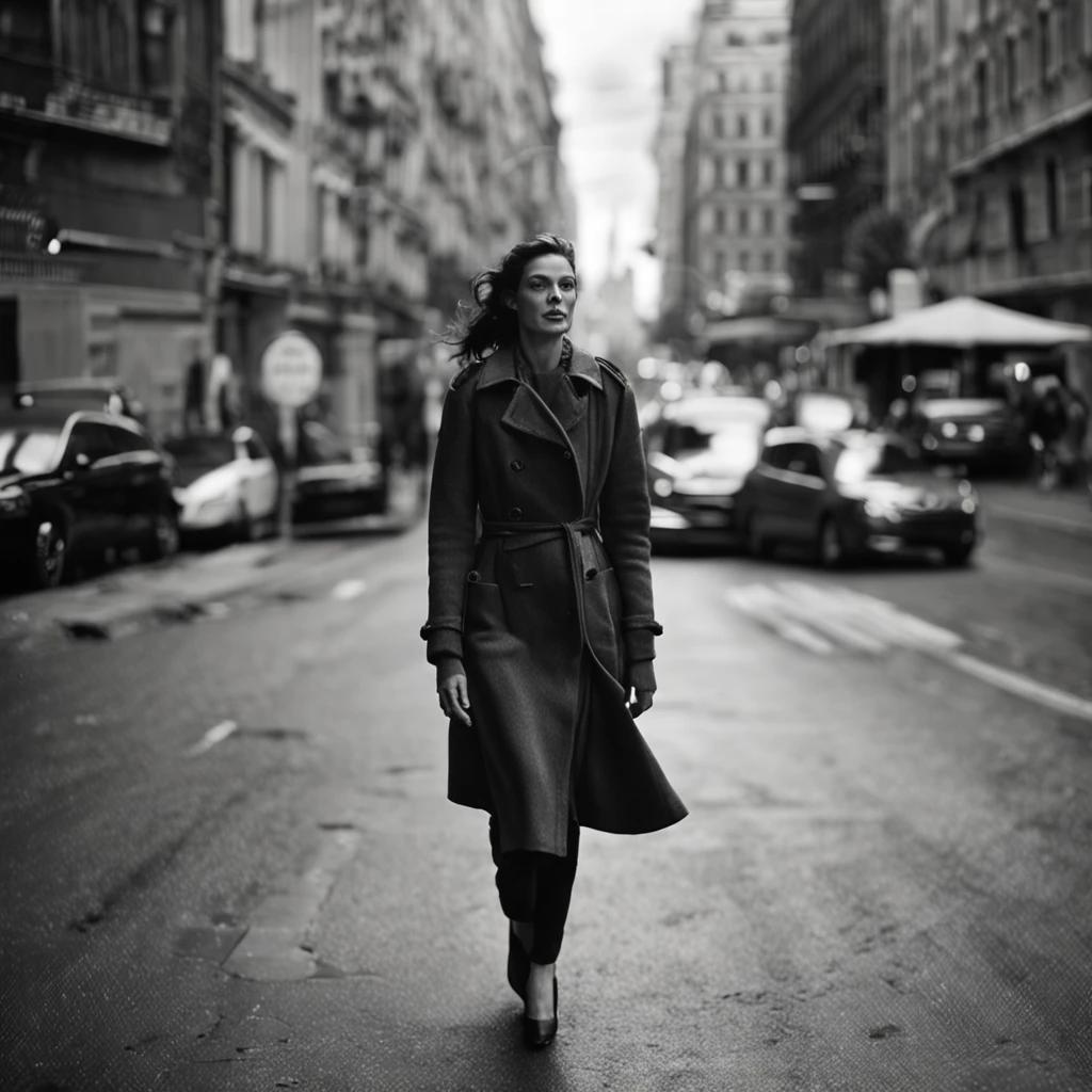woman walking down a city street with a blurry background, inspired by Peter Lindbergh, street pic, inspired by Peter Basch, blurry focus, in city street, unfocused, blurry photography, black and white photo, black and white picture, realistic portrait photography, blurry, 50 mm lens photo portrait, blurry face, portrait black and white