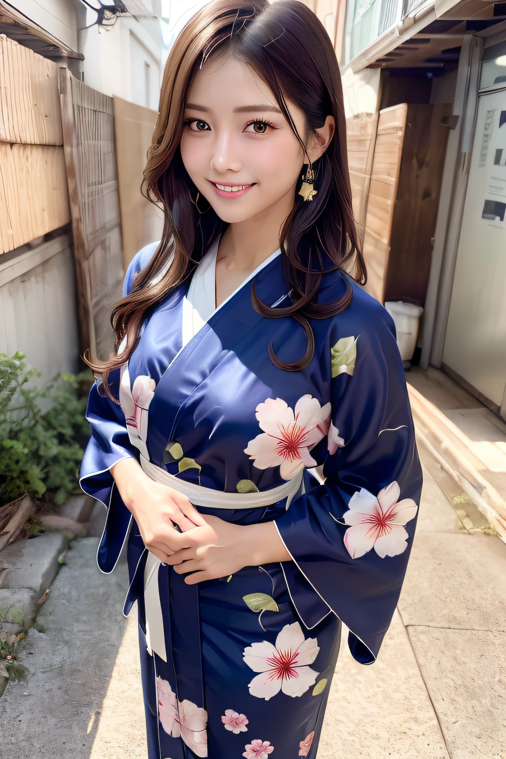 最high quality、high quality、Best image quality、8k、最High resolution、High resolution、最high quality、masterpiece、RAW Photos、whole body写真、Detailed and realistic human body、Detailed and realistic skin、Realistic face in every detail、Detailed and realistic eyes、Detailed and realistic lips、Detailed and realistic teeth、Detailed and realistic ears、Detailed and realistic hair、Realistic reproduction of every detail、Realistic fingers in every detail、(Perfect and beautiful hands、thumb１reference４)、Realistic feet down to the last detail、((Beautiful Japanese Girl))、(Japanese Model)、((18 year old beautiful girl))、(Brown Hair)、(Straight hair)、((whole body))、(Slim and perfect figure)、(whole body光沢肌、Fair skin)、Soft natural light、China dress、kimono、Ninja Costume、Japanese tradition、Japanese garden、((Colorful see-through(花柄のkimono))、((Natural poses in the garden to make your thighs look beautiful))