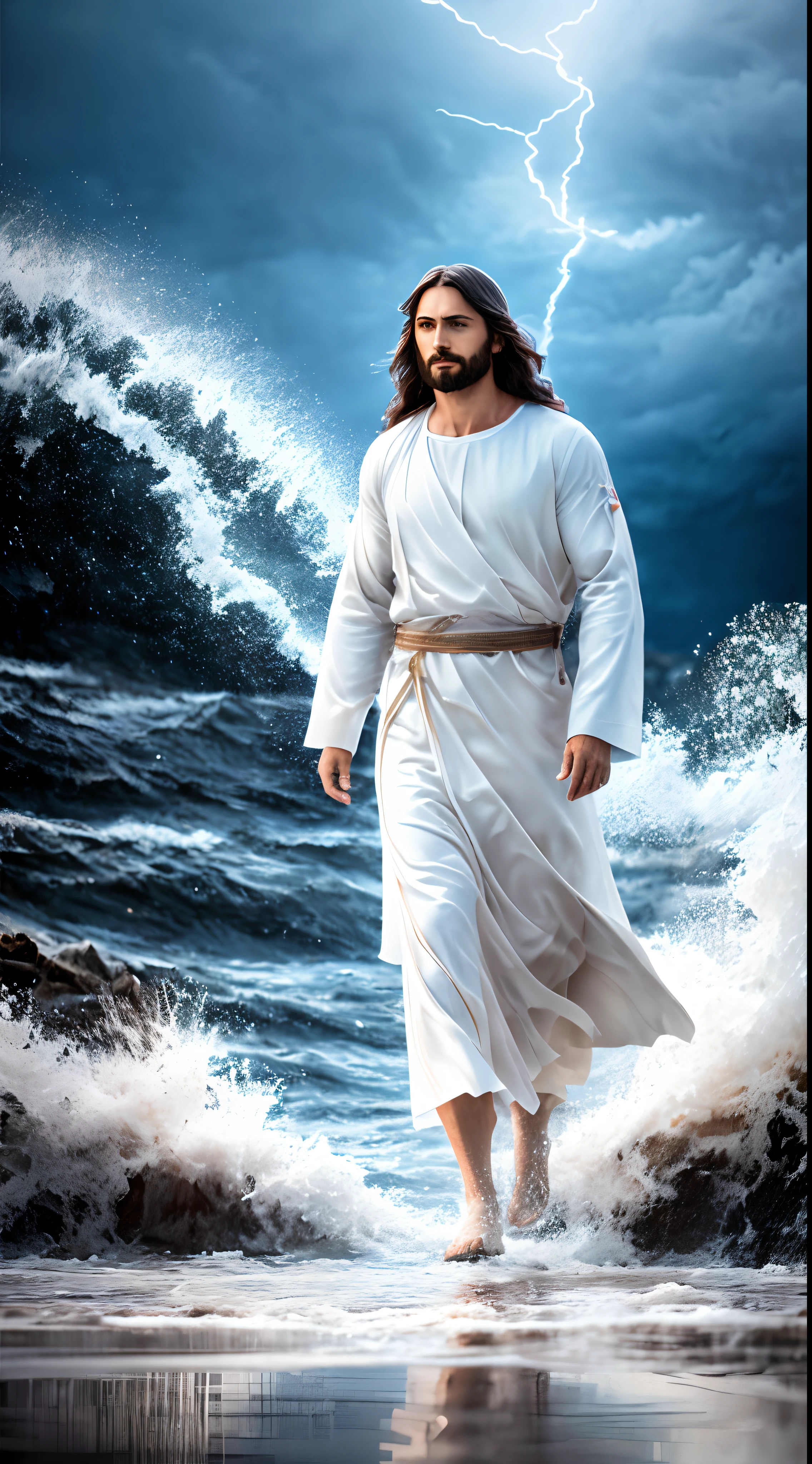 Jesus walking on water in a storm, gentle expression, streaks of light coming down from the sky, masterpiece, highest quality, high quality, highly detailed CG unit 8k wallpaper, award-winning photos, bokeh, depth of field, HDR, bloom, chromatic aberration, realistic, very detailed, trending at artstation, trending at CGsociety, complex, high detail, dramatic, mid-journey art, volumetric lighting