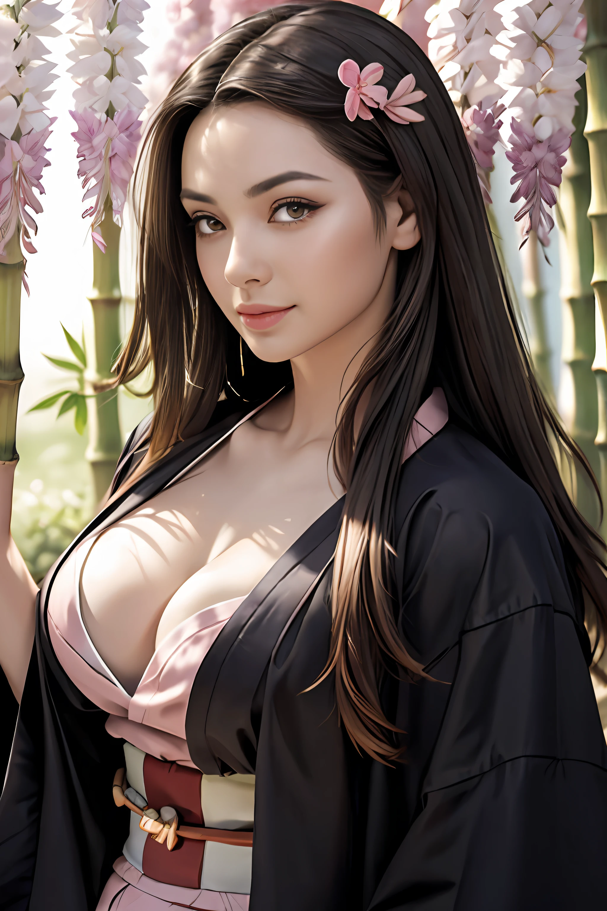 masterpiece, bit a bamboo, tinny bamboo in the mouth, detail texture skin, detail texture kimono, detail face, detail eyebrow, detail eyes, detail nose, detail lips, good anatomy, (pink kimono), seductive face, good lighting, décolleté, fine details, masterpiece, glowing eyes, 1girl, black hair, gag, bamboo, Nezuko Kamado, wisteria background, masterpiece, best quality, POV, whole body, wide hips,solid chest, expose breasts, big bresats
