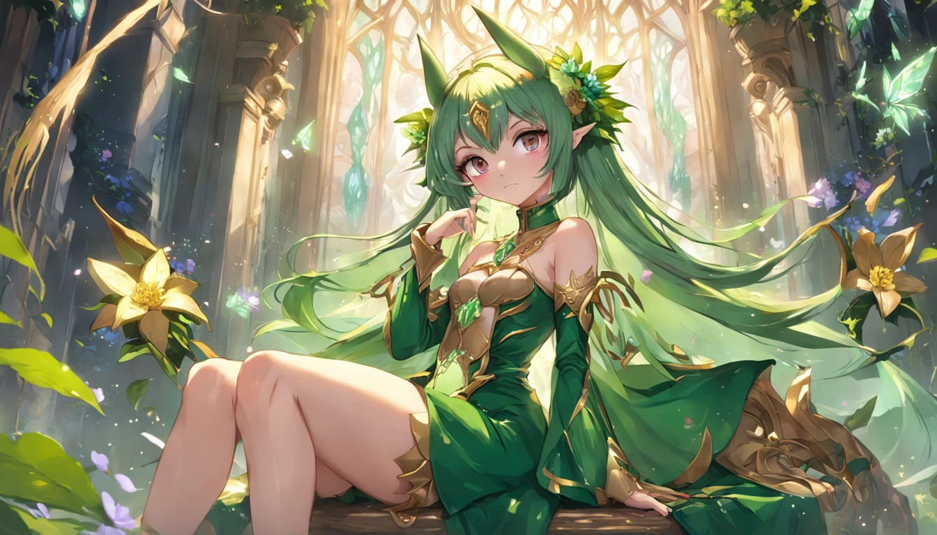Blue Archive Wind green colored hair Twin-tailed Quirk hair girl with kawaii Ring on top of head Red Eyes Elven ears M-shaped legs A sexy Panchira saliva