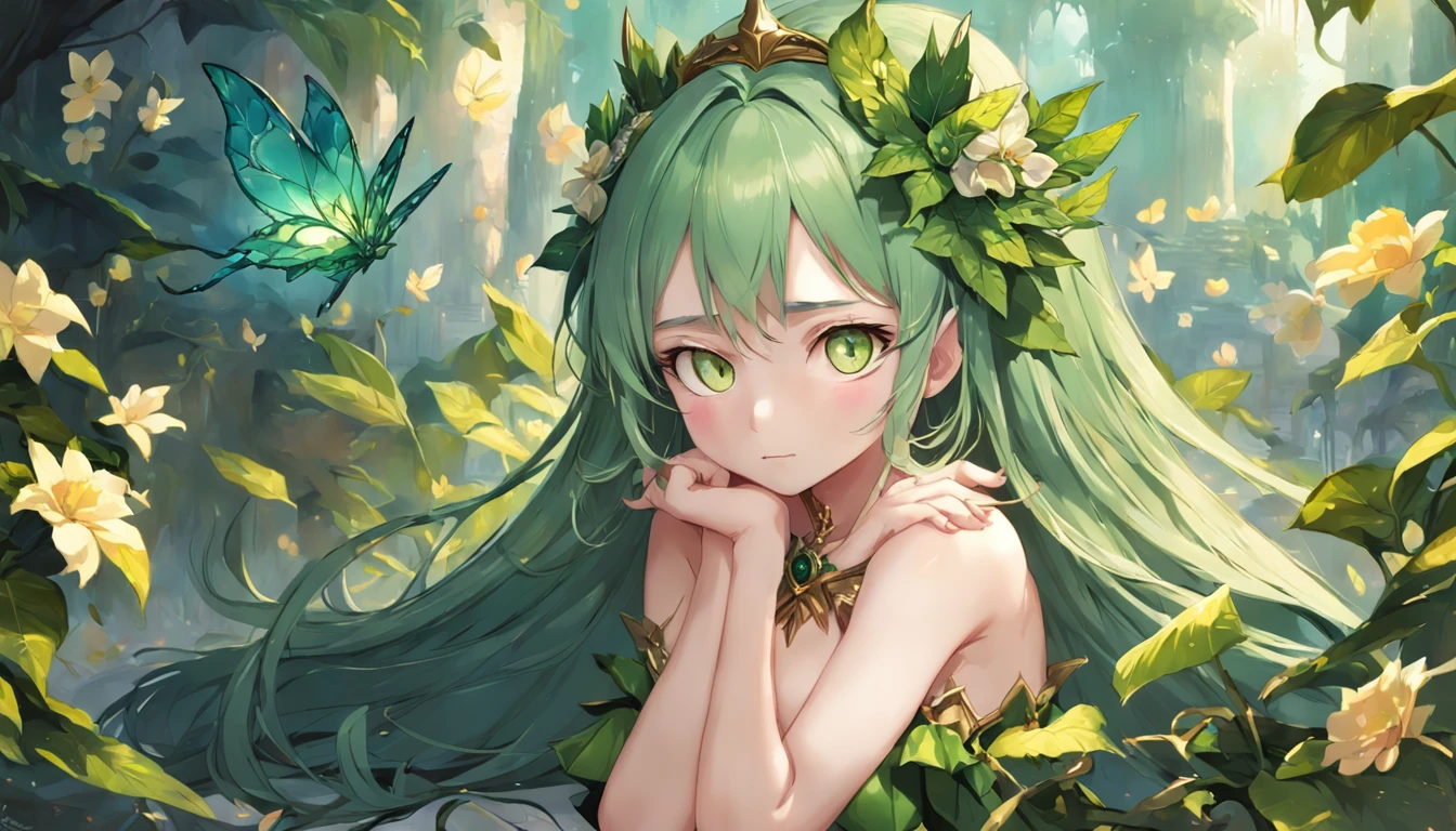 anime com olhos verdes sentada em um banco com uma planta verde, garota elfa, elfo sedutor princesa cavaleiro, princesa elfa, ela tem orelhas de elfo e olhos de ouro, 8k arte detalhada de alta qualidade, meninavestindo um terno de flores, retrato de um elfo, um retrato de um elfo, estilo shadowverse, arte anime digital detalhada, ((roupas apertadas, see through, camelo, Bodysuit, topless))